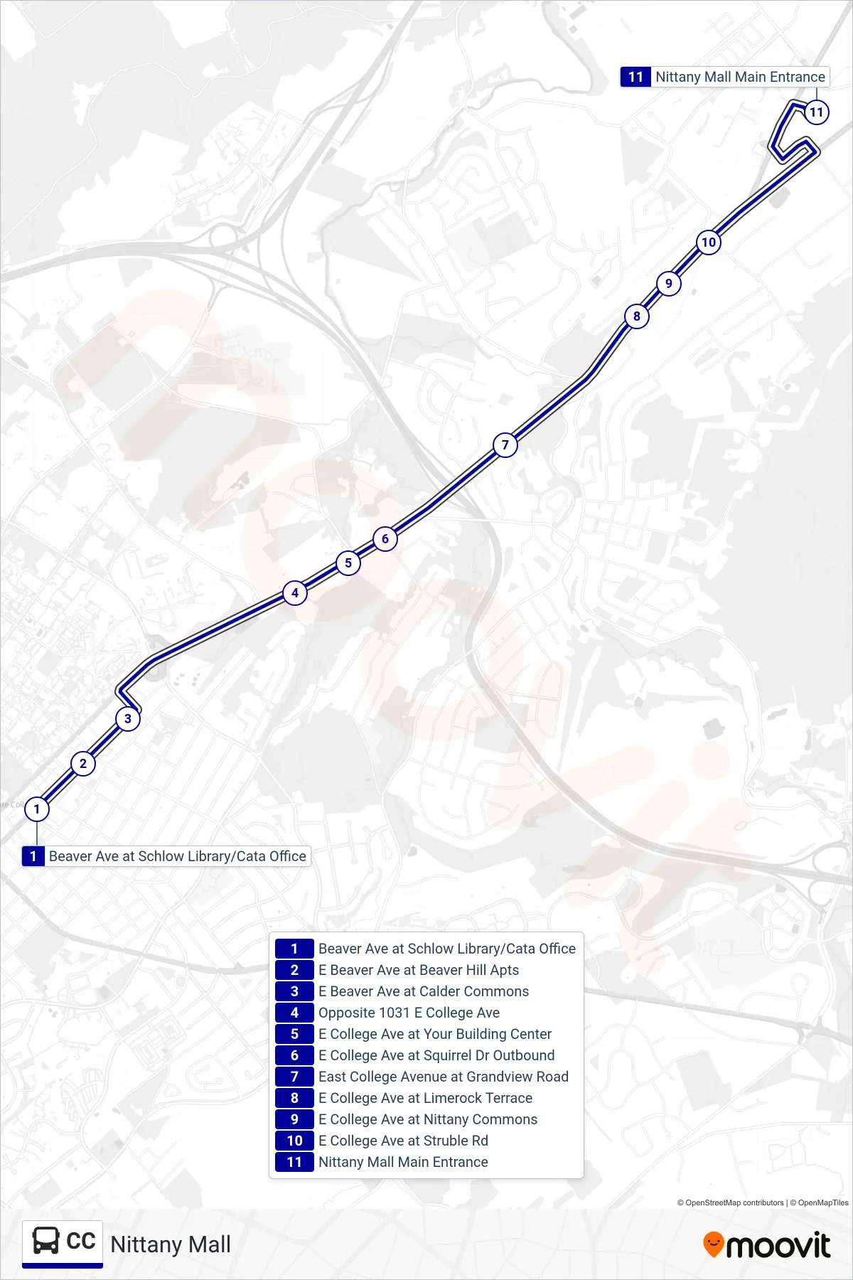 CC bus Line (Nittany Mall) route and stops on a map