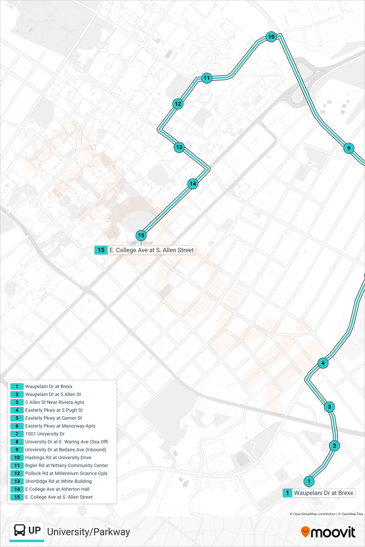UP bus Line (Downtown Via University Dr.) route and stops on a map