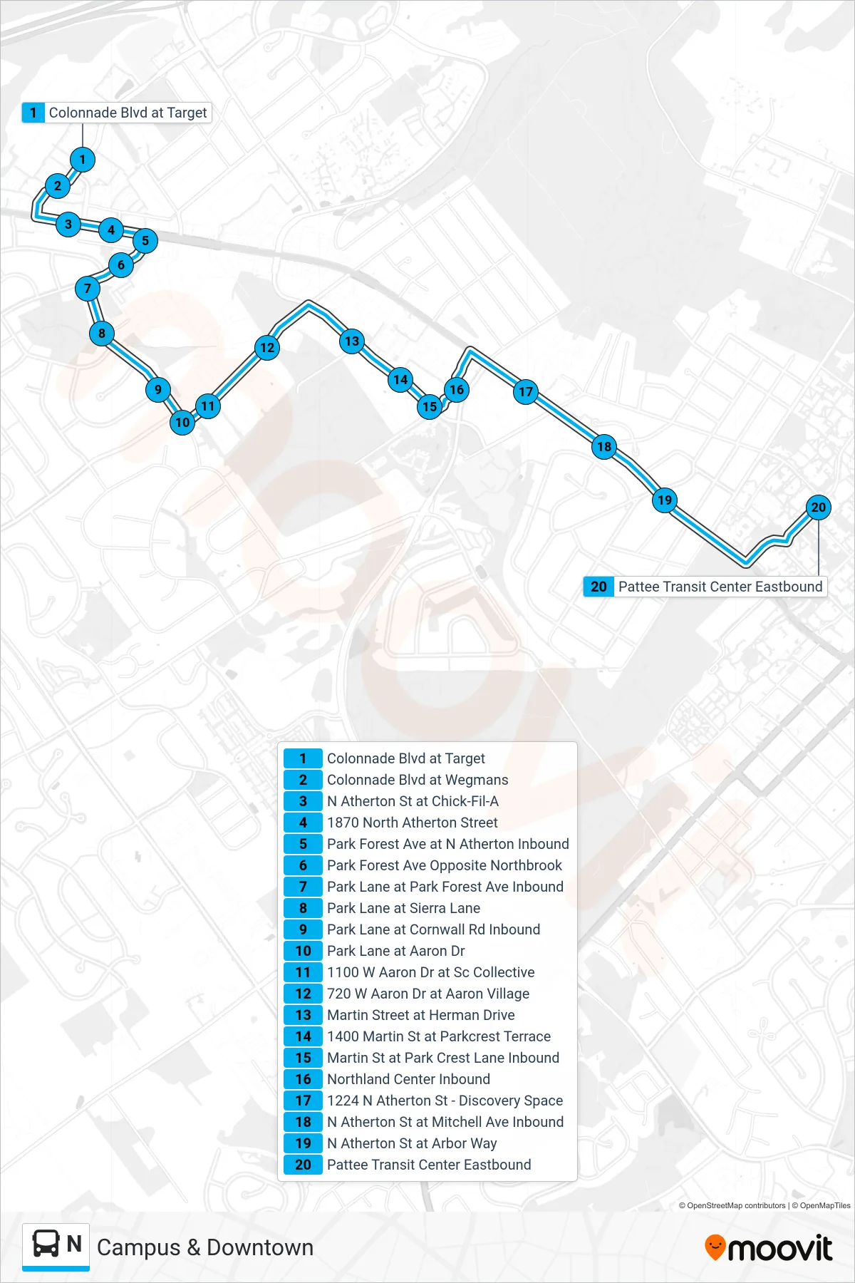 N bus Line (Campus & Downtown) route and stops on a map
