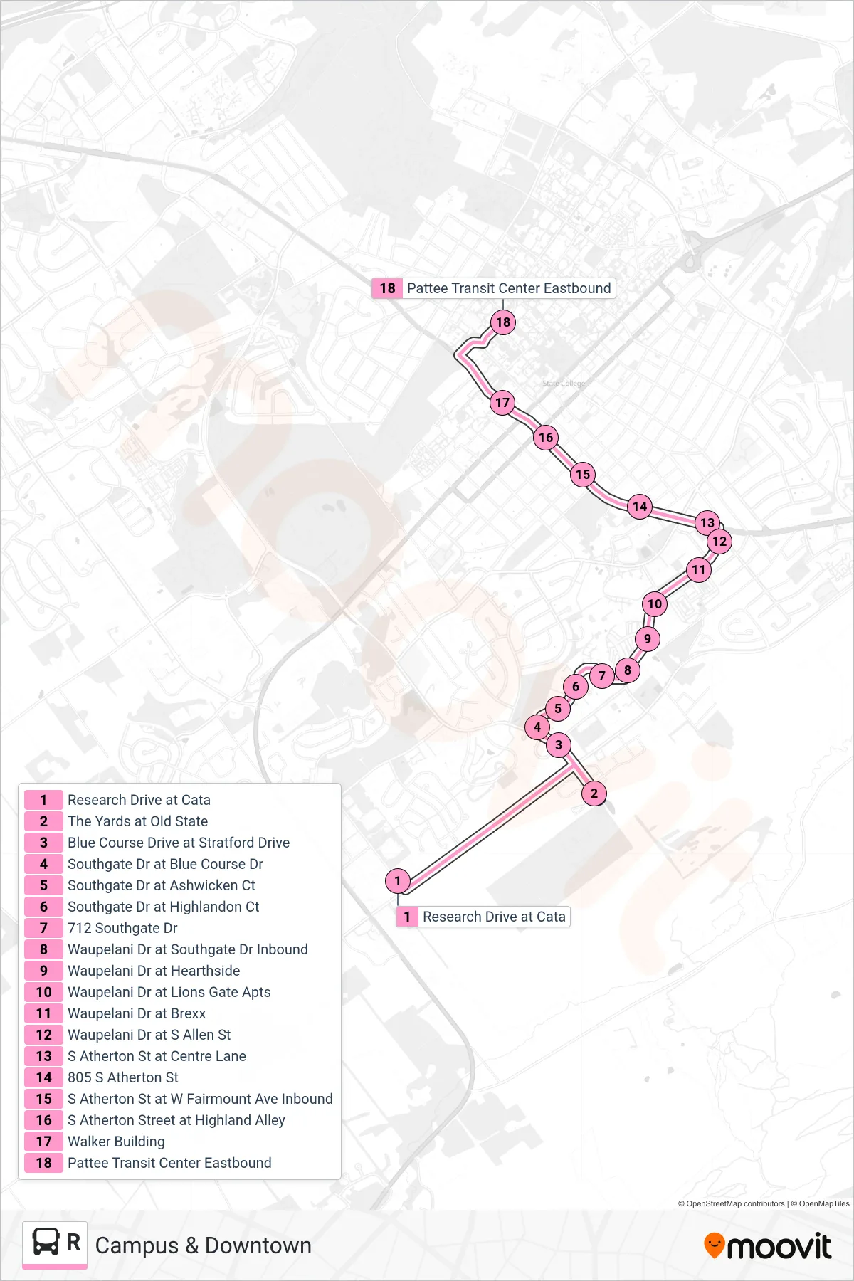 R bus Line (Campus & Downtown) route and stops on a map