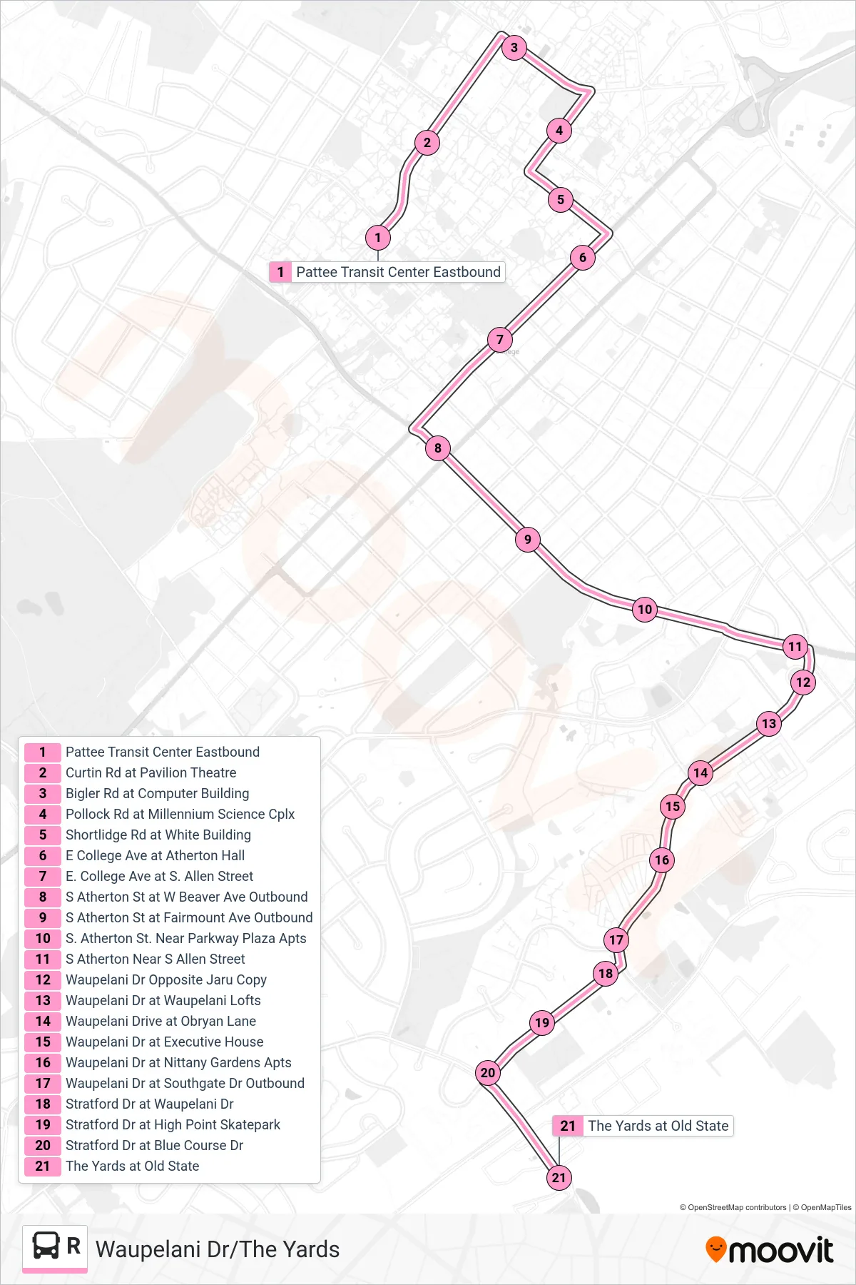R bus Line (Waupelani Dr/The Yards) route and stops on a map