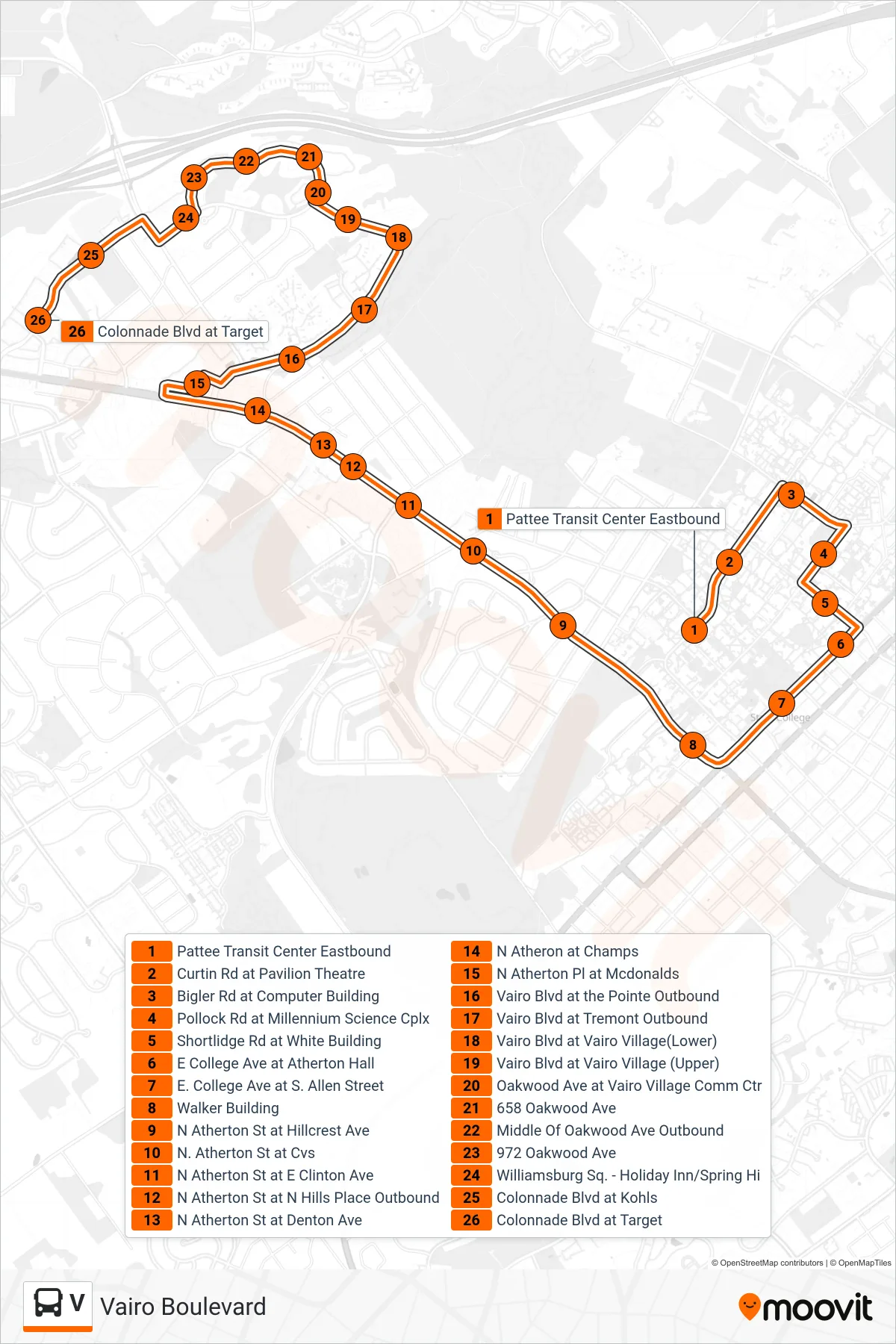 V bus Line (Vairo Blvd/Colonnade Blvd) route and stops on a map