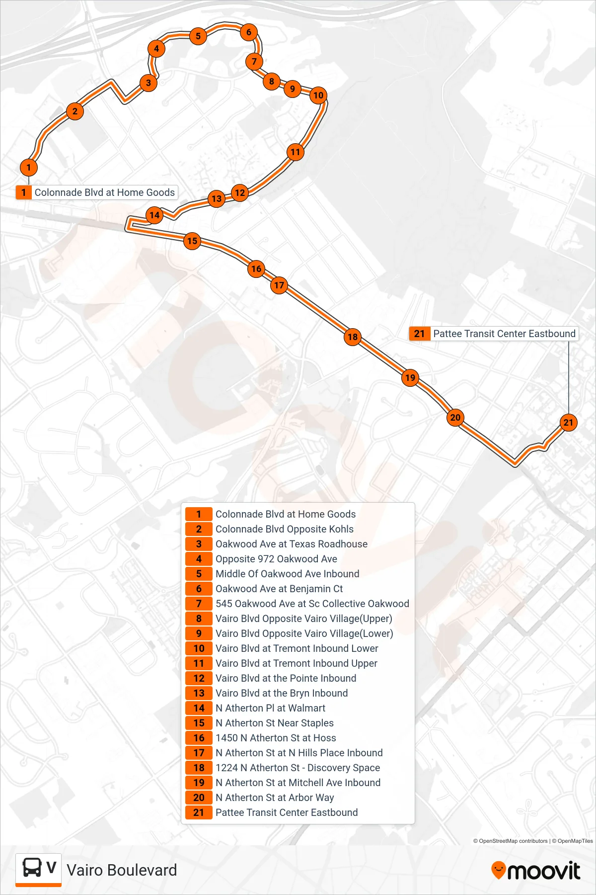 V bus Line (Campus & Downtown) route and stops on a map