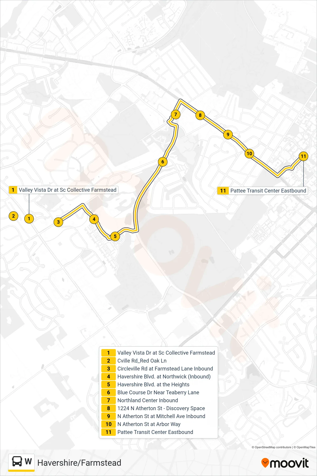 W bus Line (Campus/Downtown) route and stops on a map