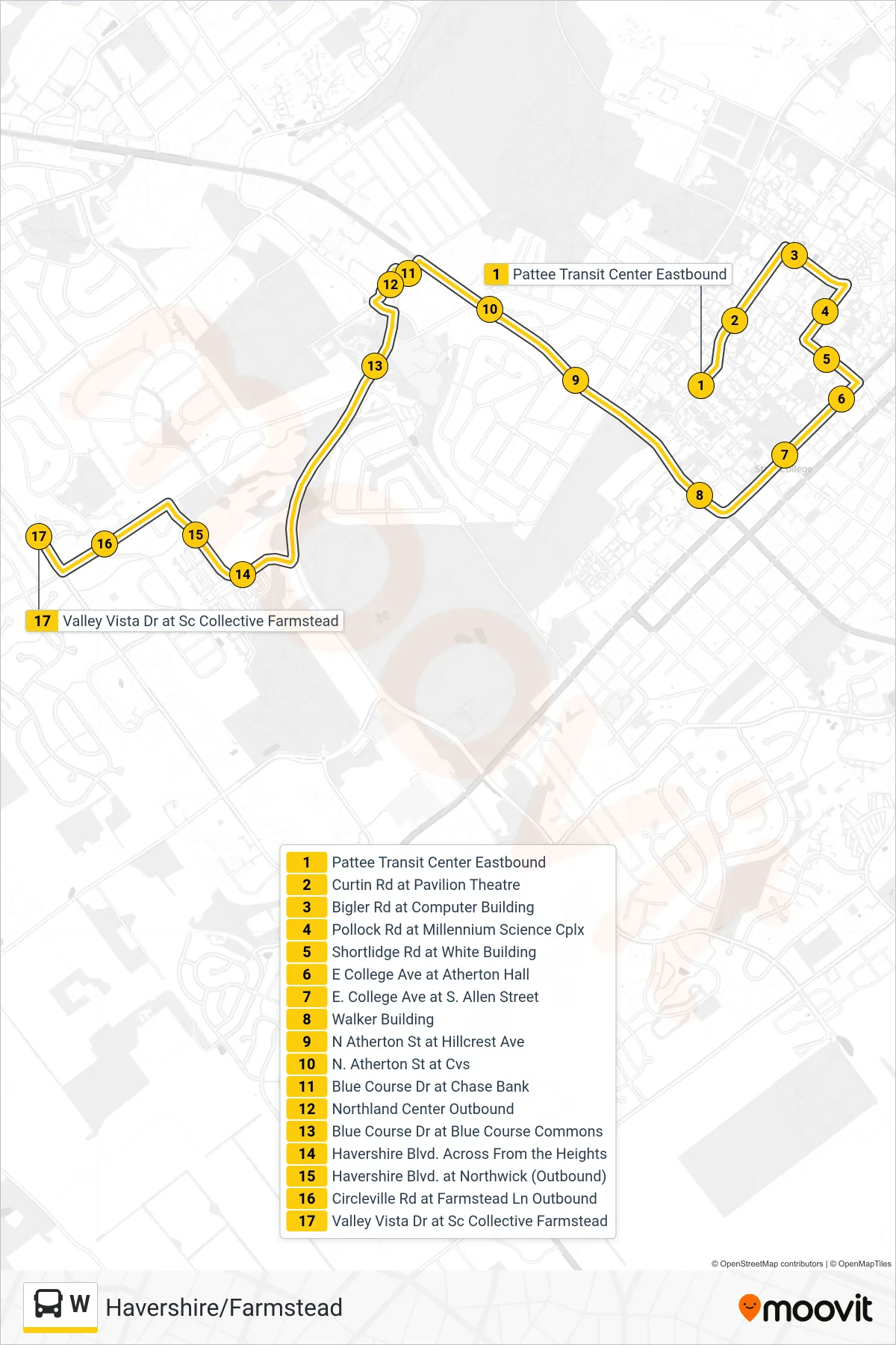 W bus Line (Havershire Blvd / Farmstead Ln) route and stops on a map