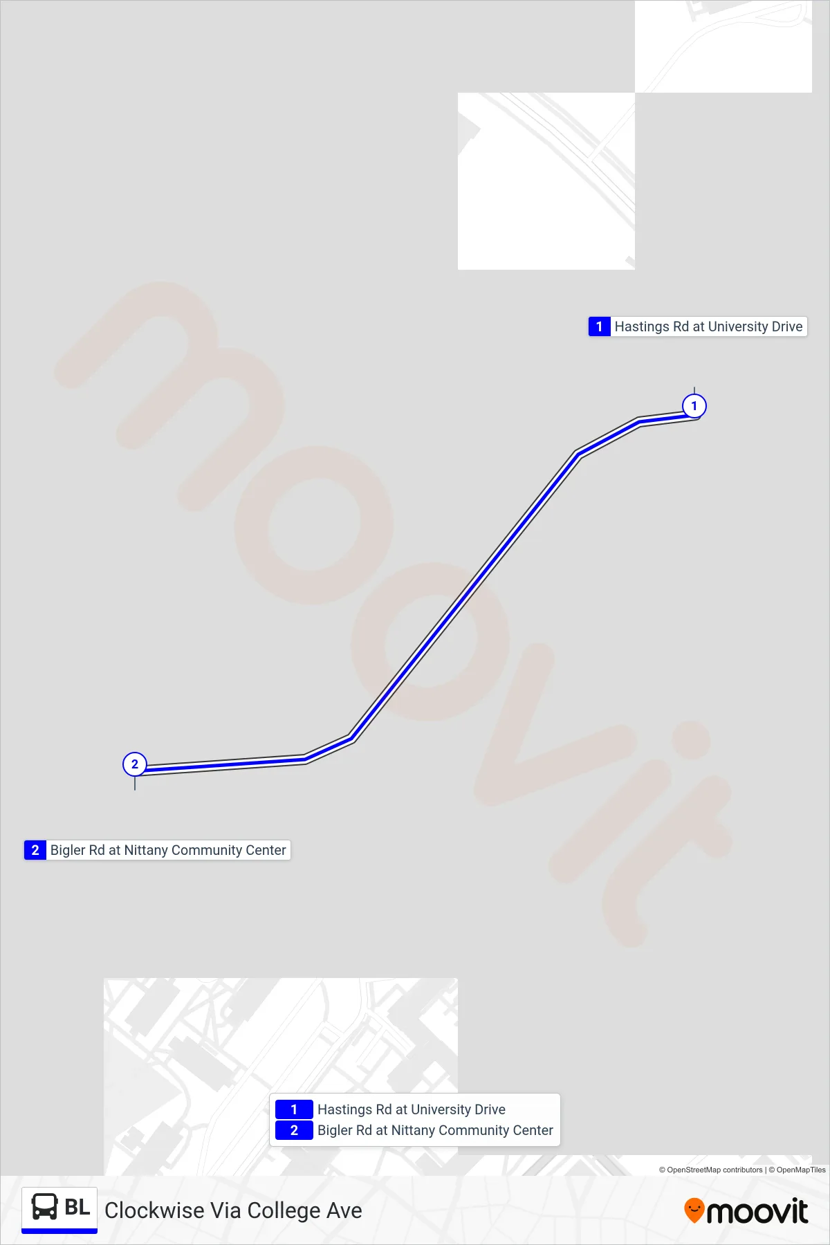 BL bus Line (Clockwise Via College Ave) route and stops on a map