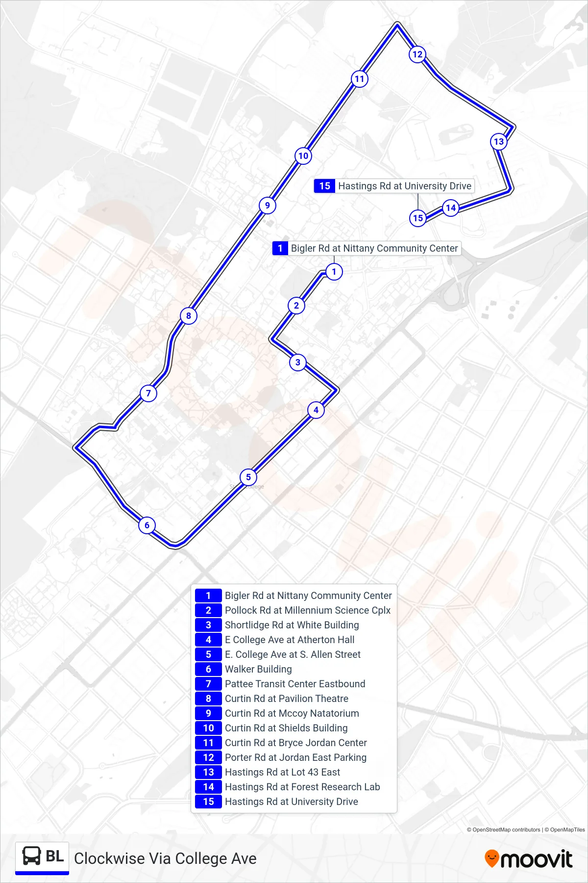 BL bus Line (Clockwise Via College Ave) route and stops on a map