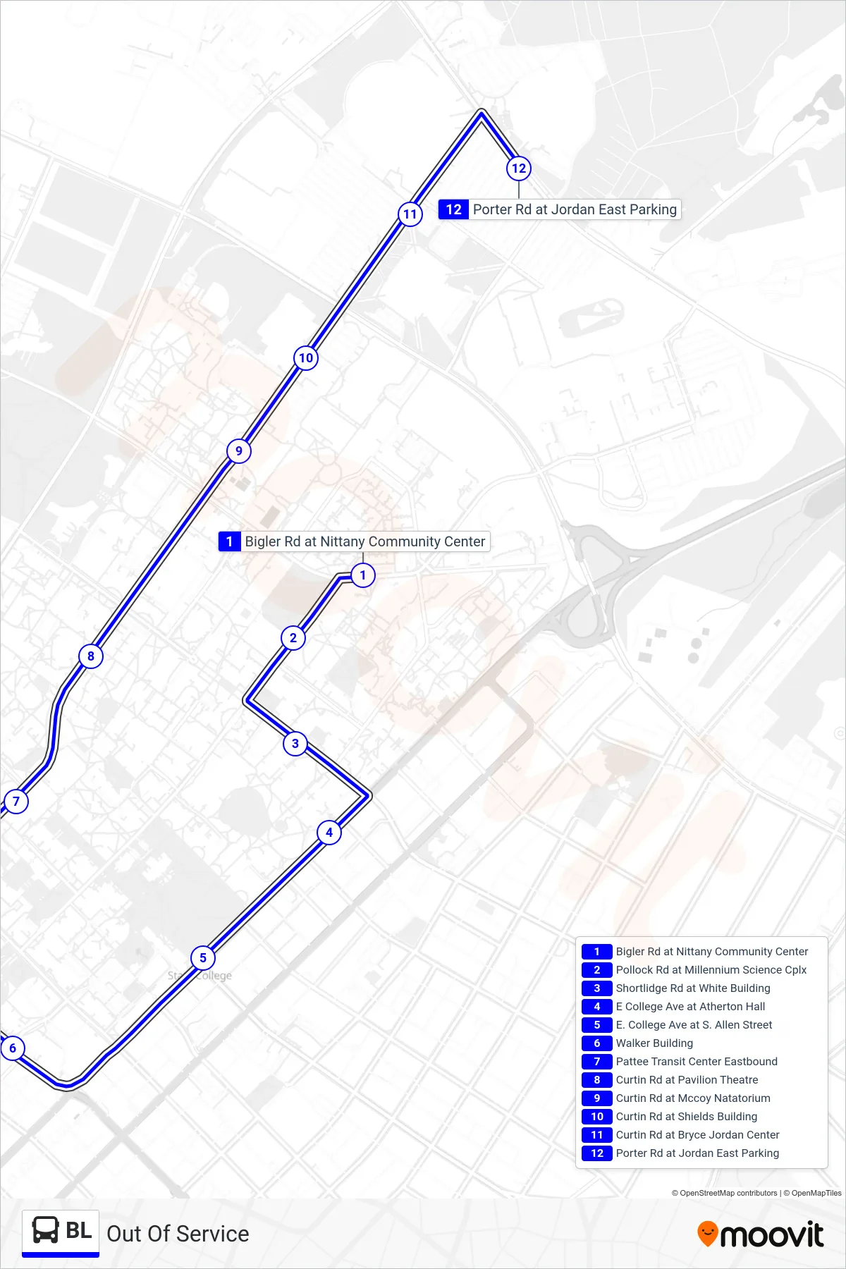 BL bus Line (Out Of Service) route and stops on a map