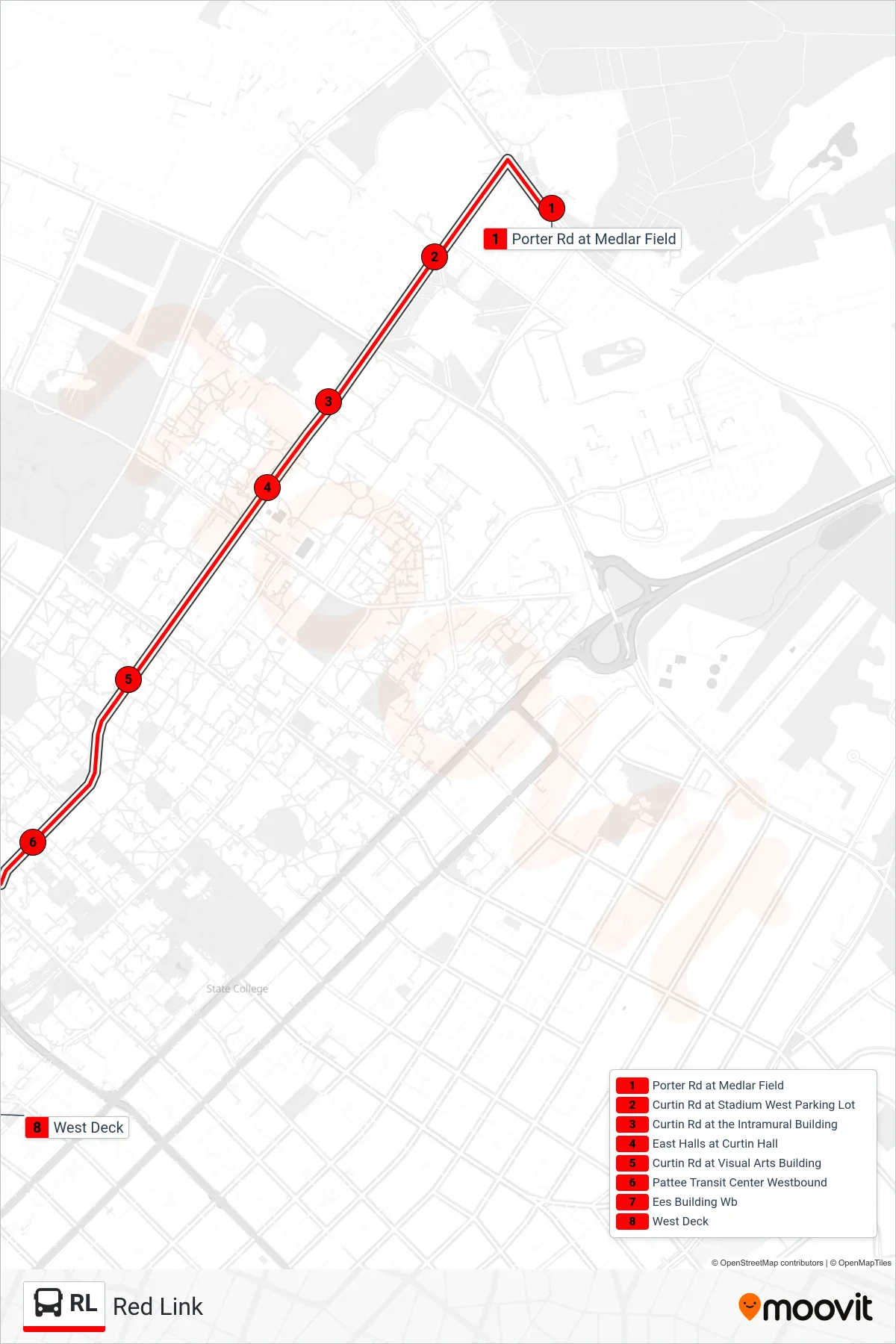 RL bus Line (West Campus) route and stops on a map