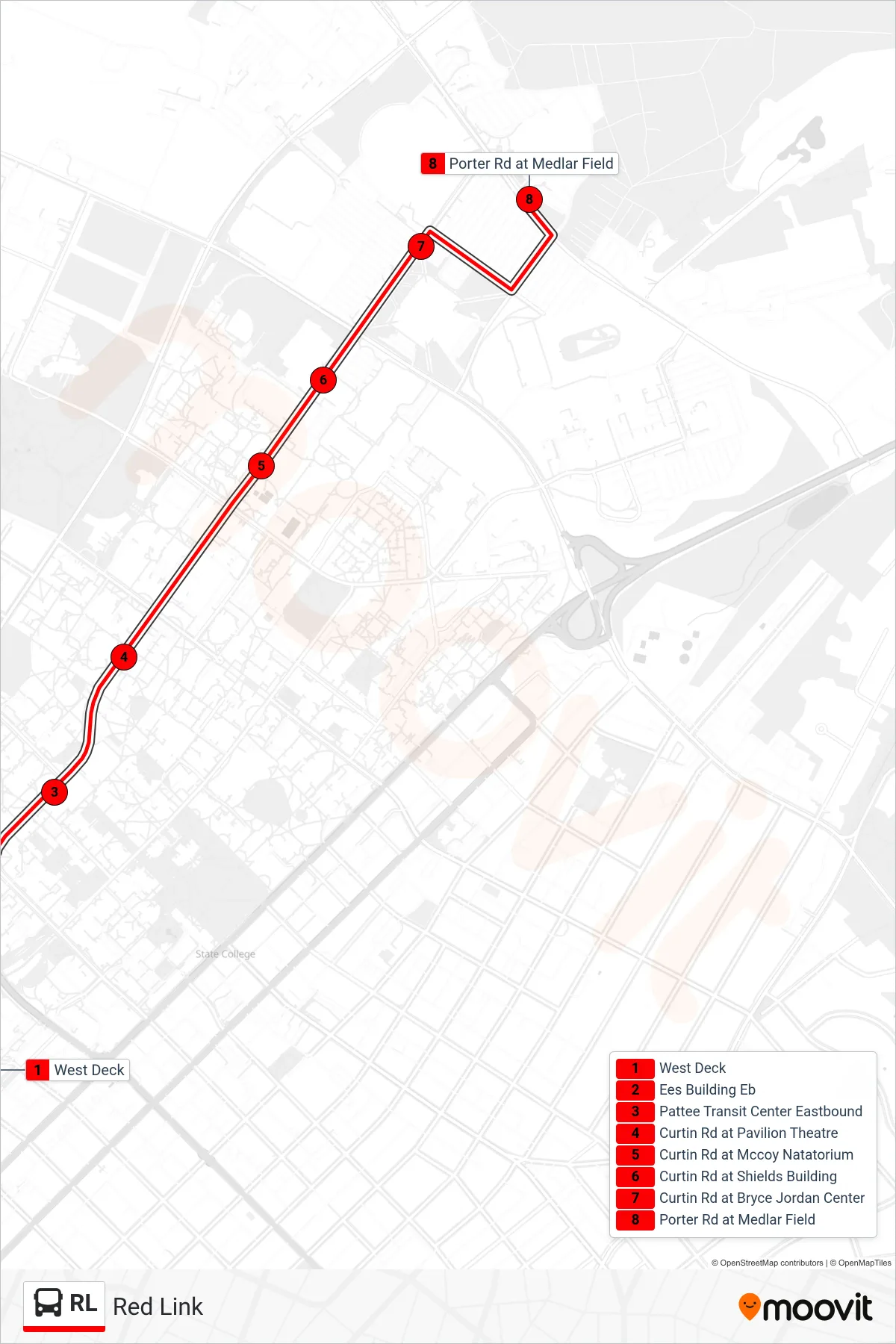 RL bus Line (Medlar Field) route and stops on a map