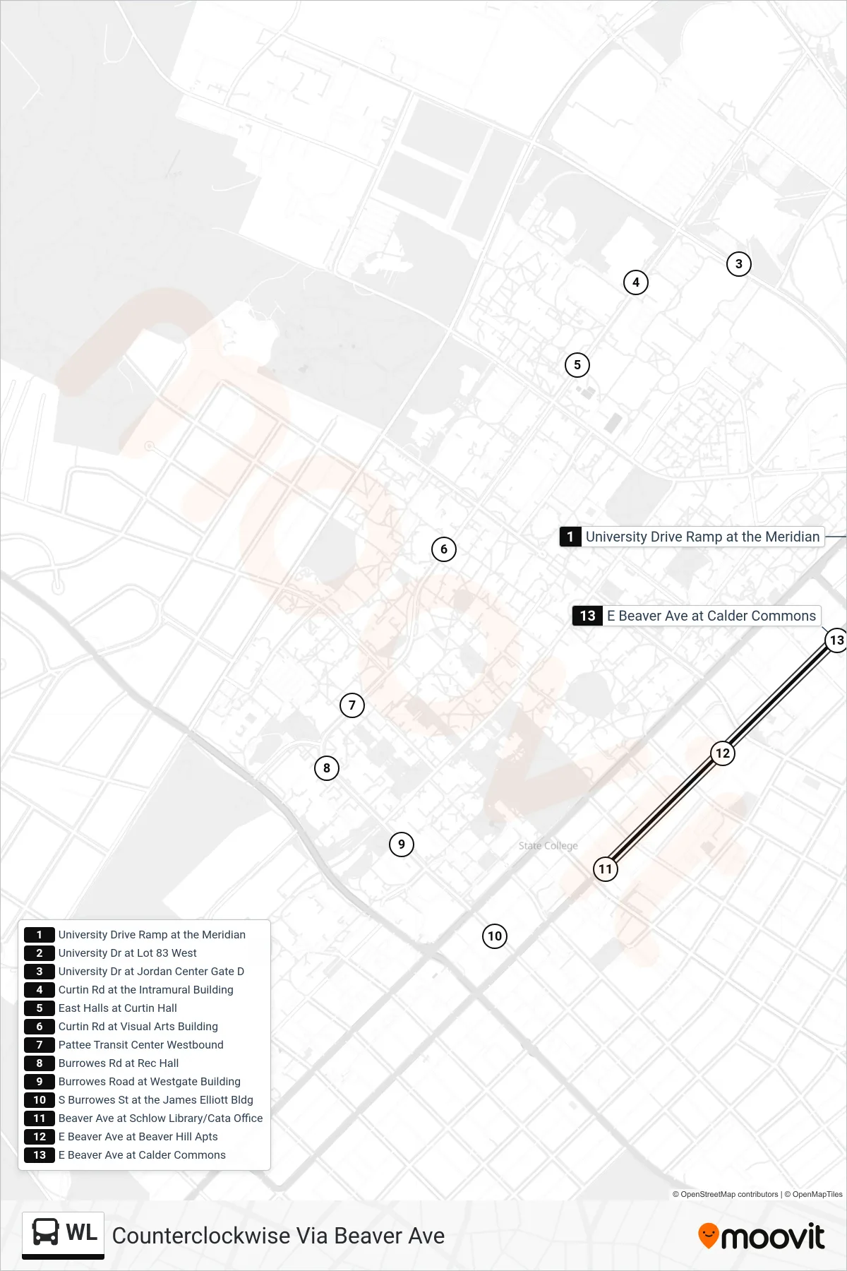 WL bus Line (Counterclockwise Via Beaver Ave) route and stops on a map