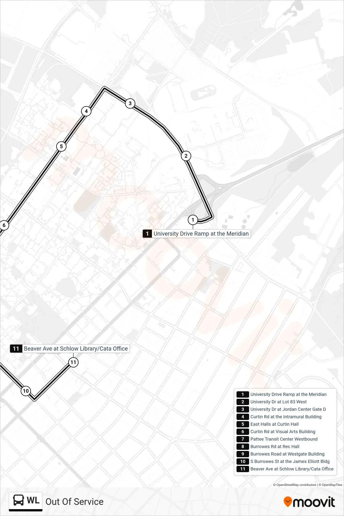 WL bus Line (Out Of Service) route and stops on a map