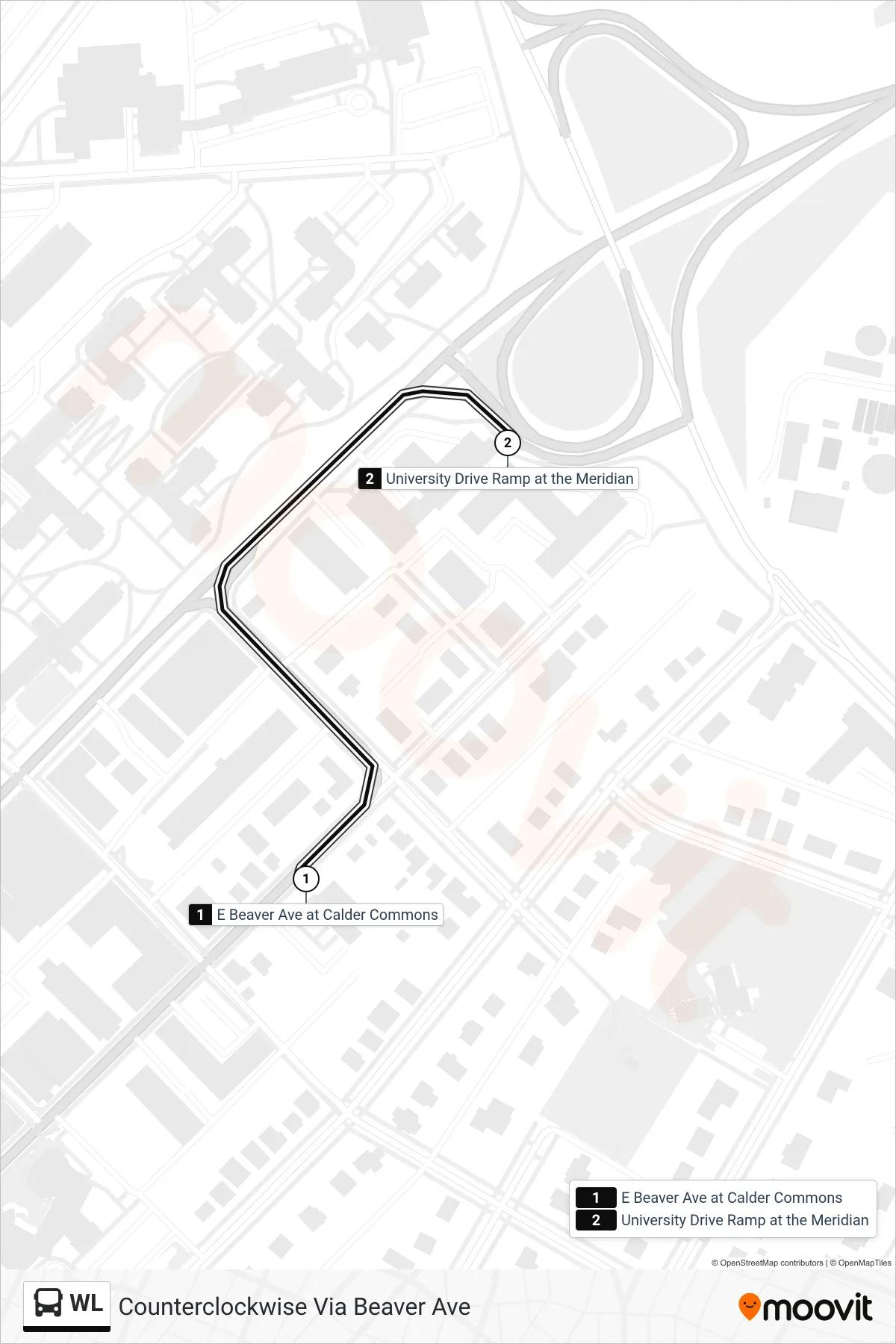 WL bus Line (Counterclockwise Via Beaver Ave) route and stops on a map