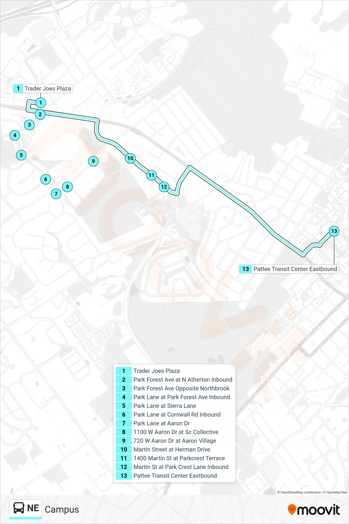 NE bus Line (Campus) route and stops on a map