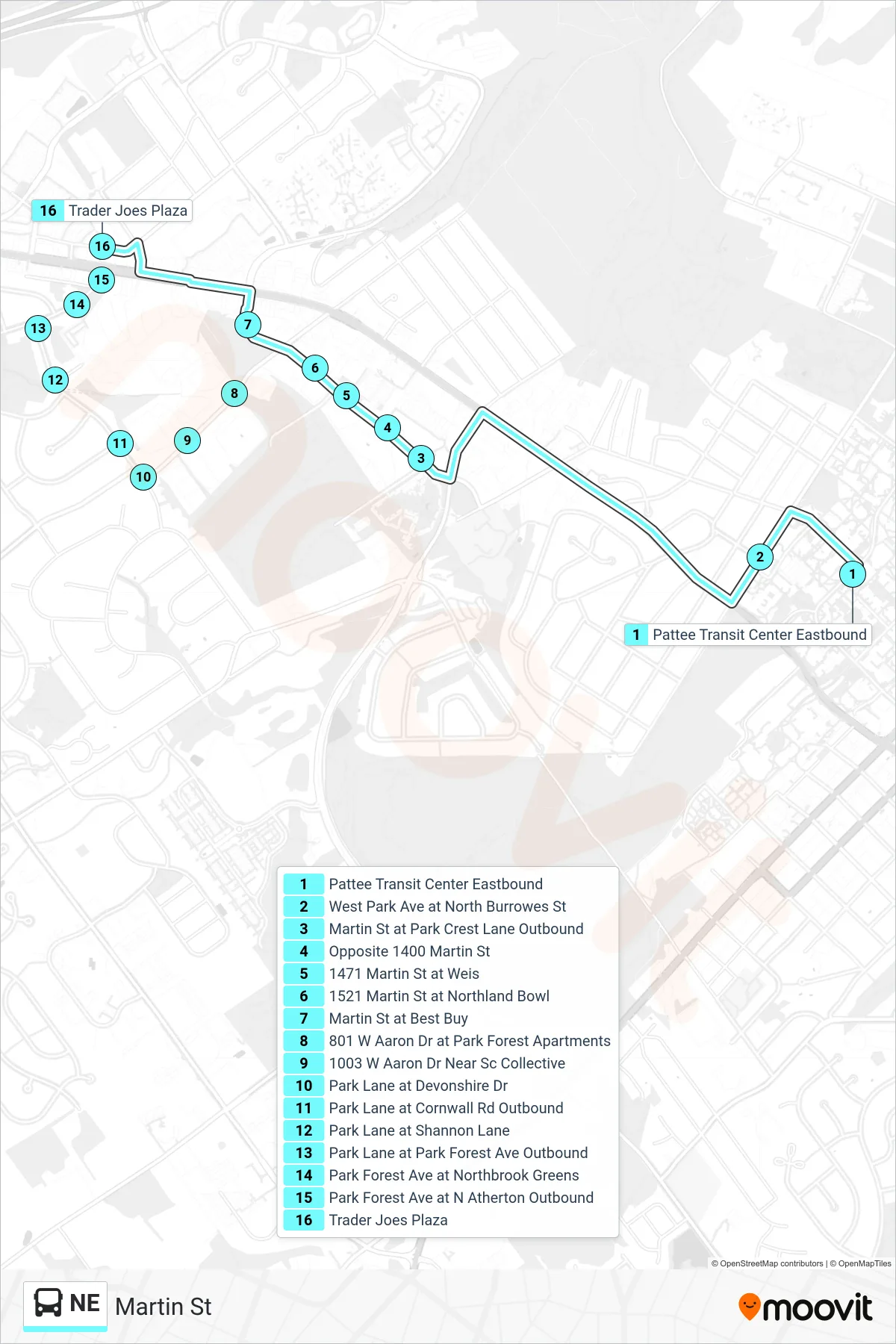 NE bus Line (Martin St) route and stops on a map