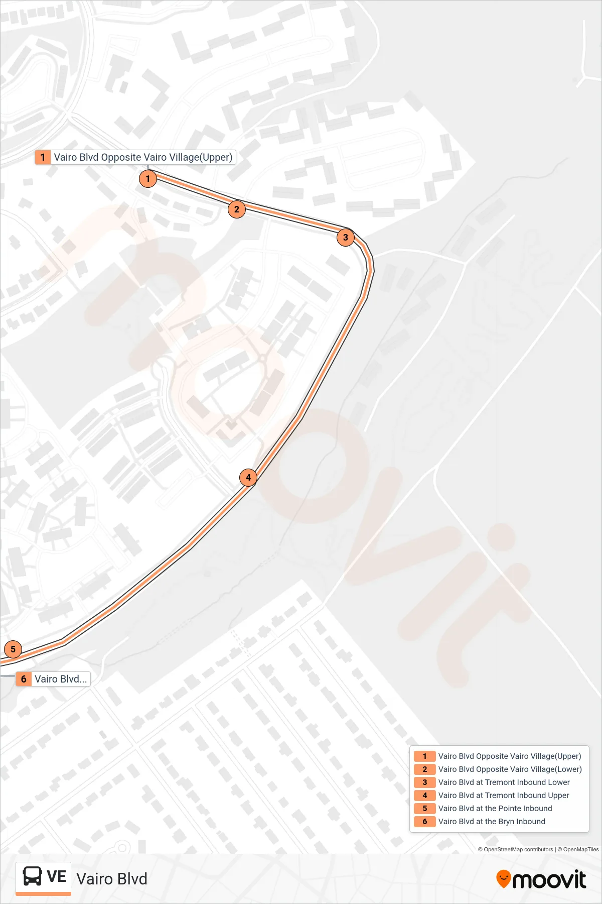 VE bus Line (Vairo Blvd) route and stops on a map
