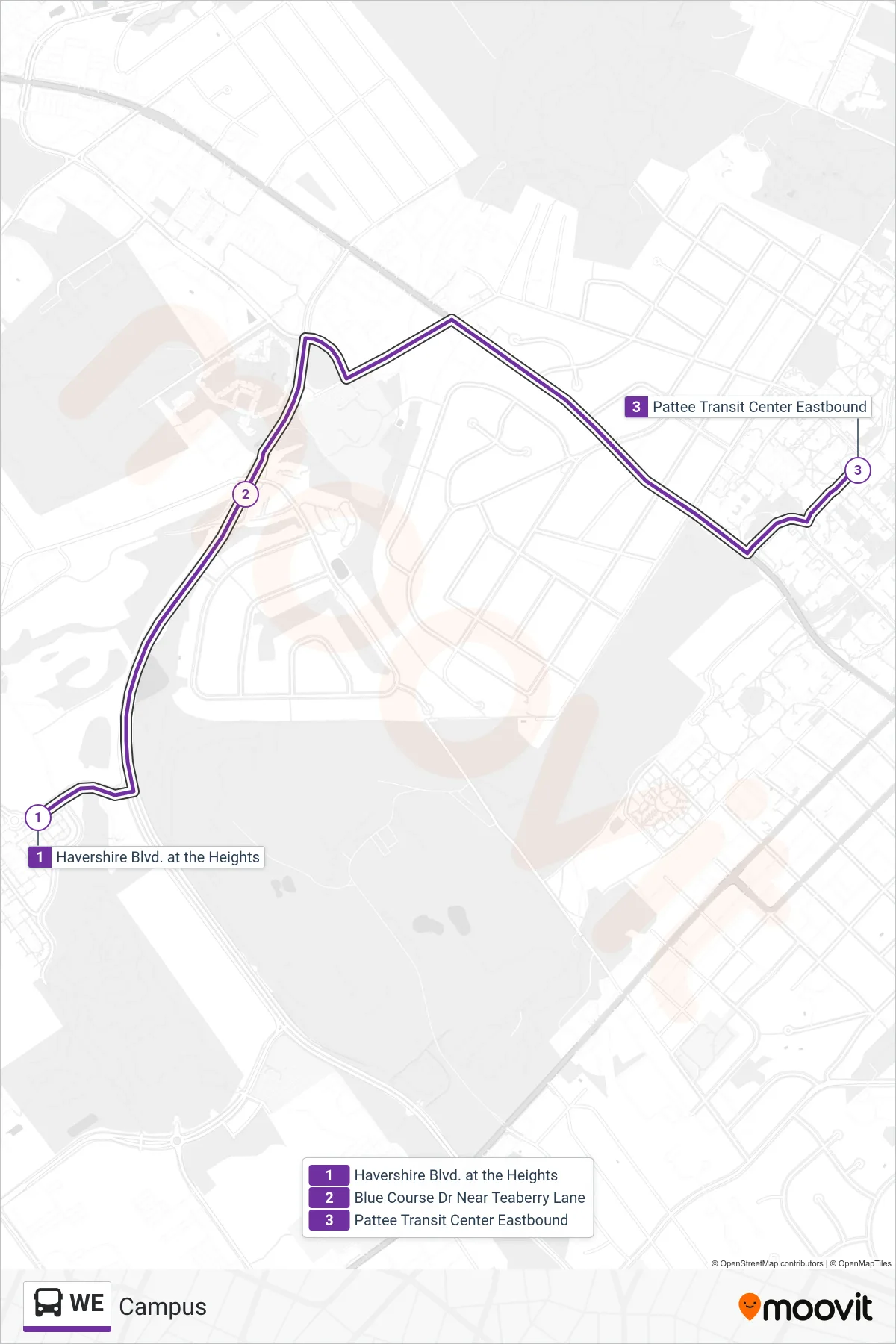 WE bus Line (Campus) route and stops on a map
