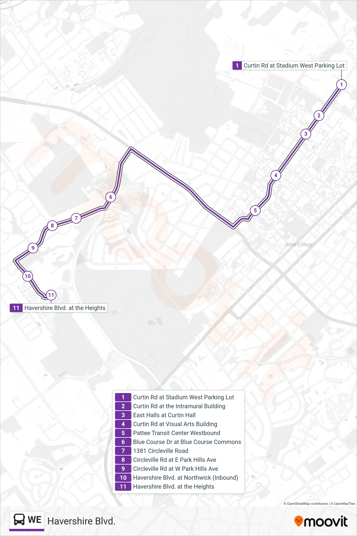 WE bus Line (Havershire Blvd.) route and stops on a map
