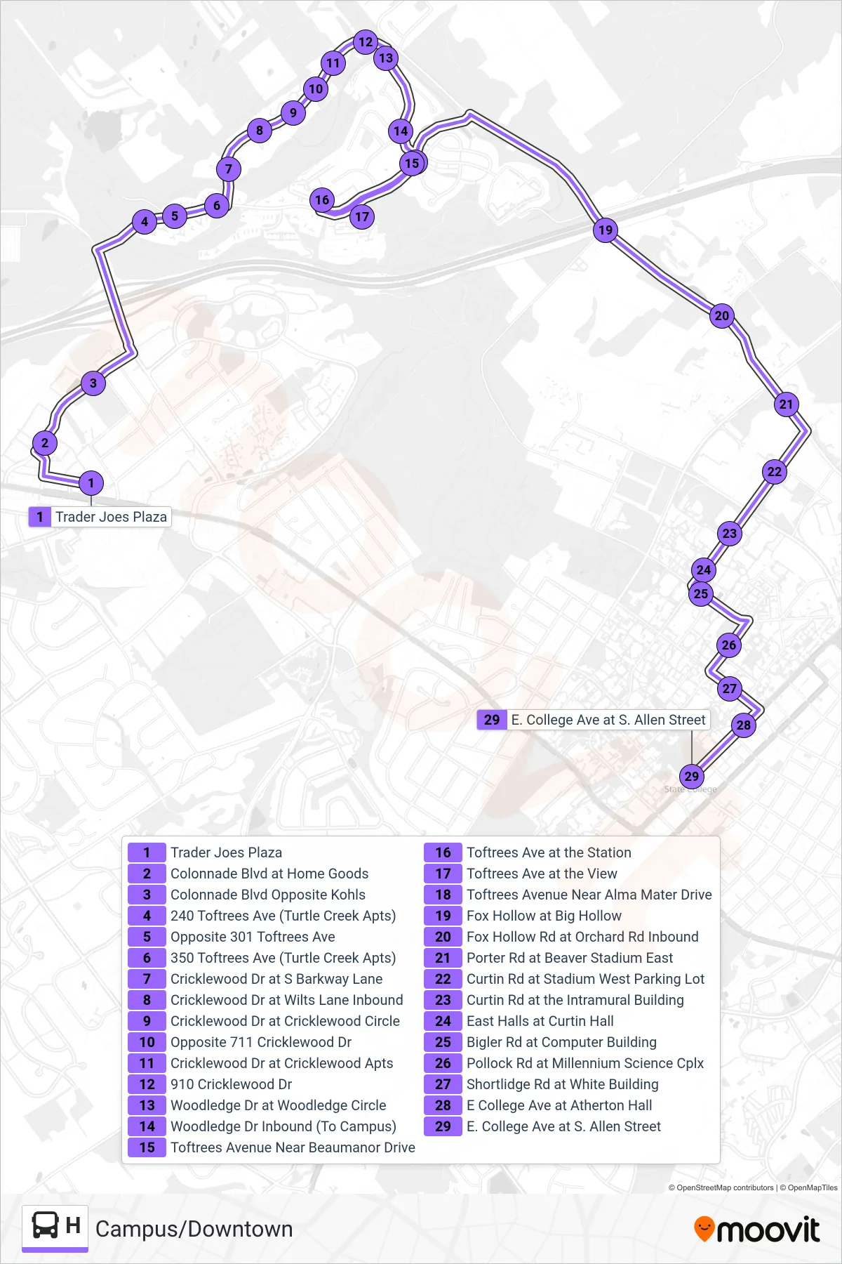 H bus Line (Campus/Downtown) route and stops on a map