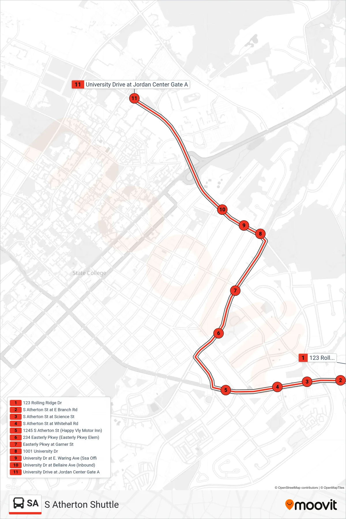 SA bus Line (S Atherton Shuttle) route and stops on a map