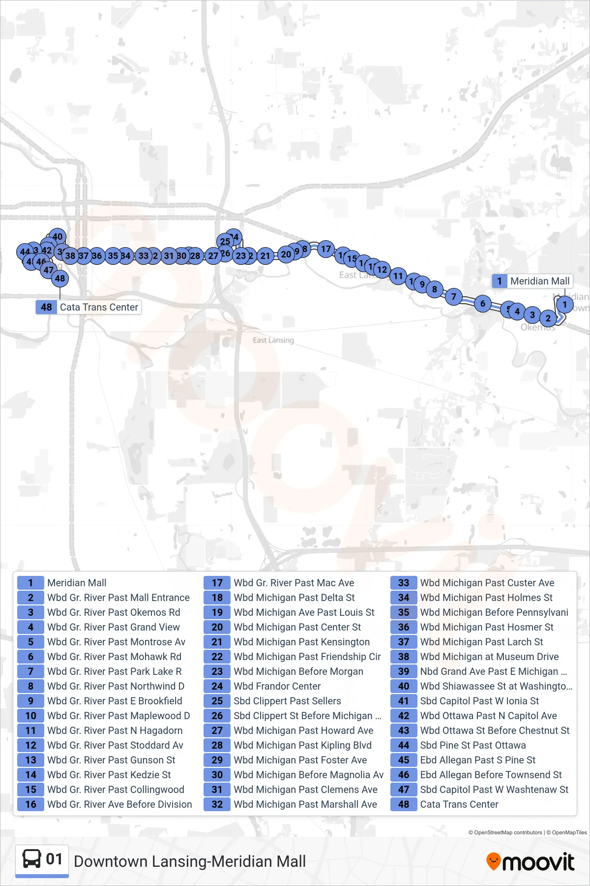 01 bus Line (Downtown Lansing - Capitol Loop) route and stops on a map