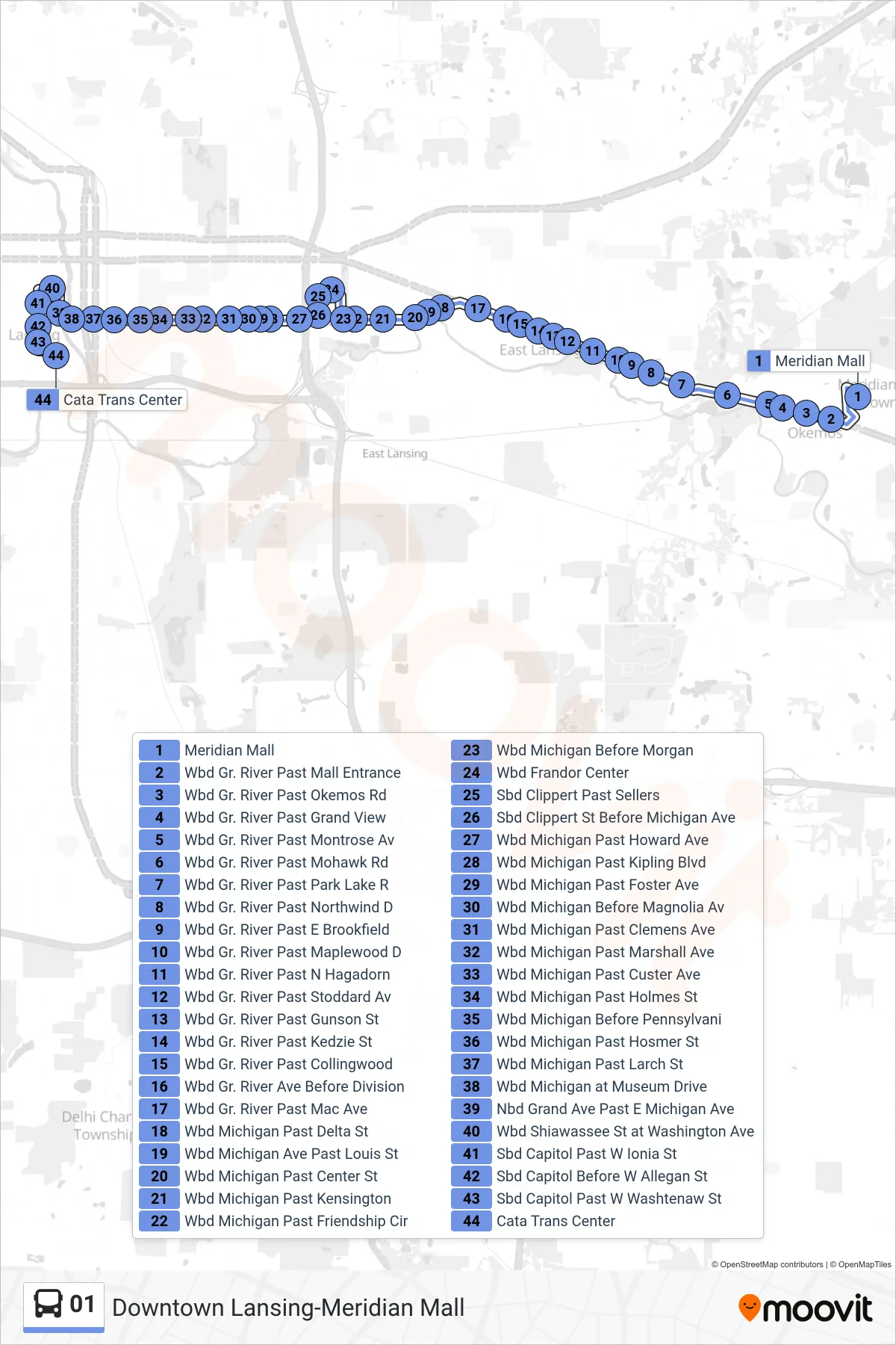 01 bus Line (Downtown Lansing) route and stops on a map