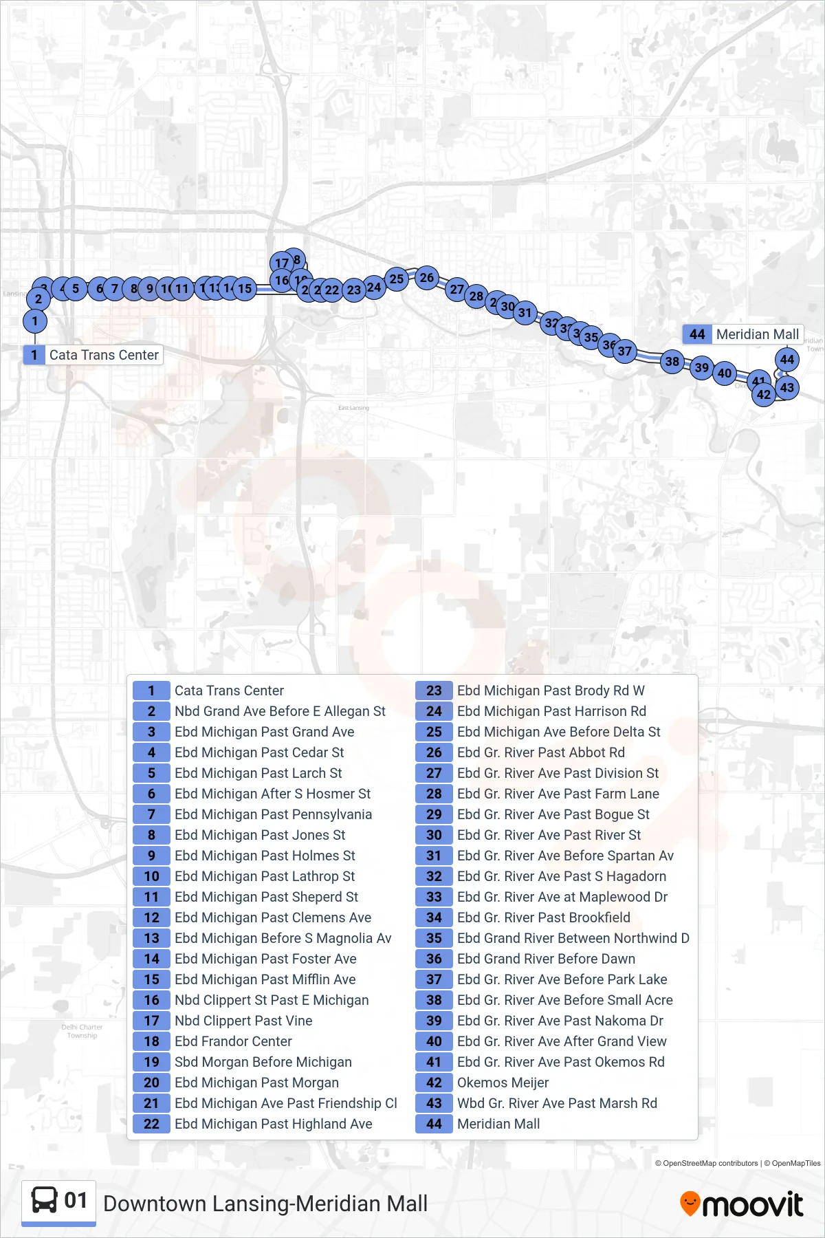 01 bus Line (Meridian Mall) route and stops on a map