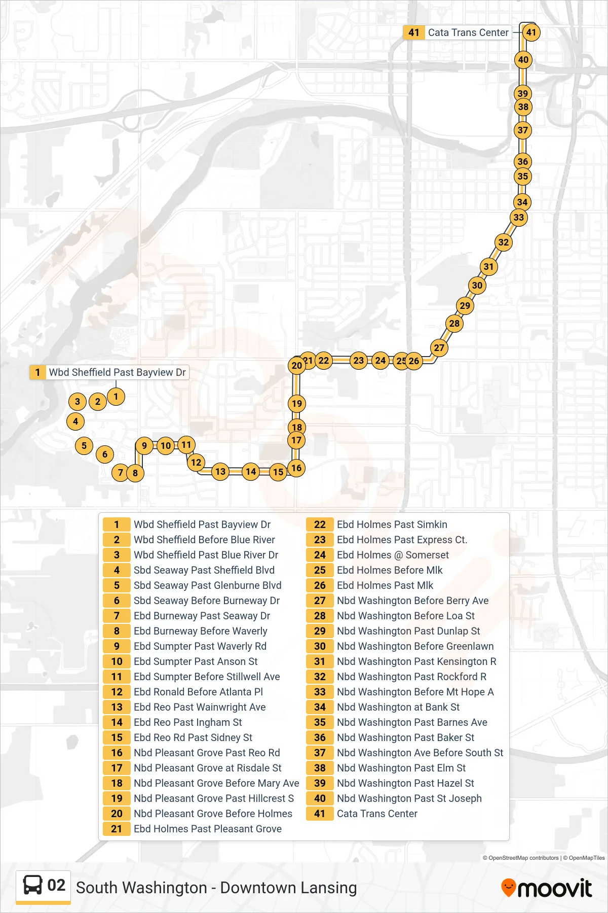 02 bus Line (South Washington - Downtown Lansing) route and stops on a map