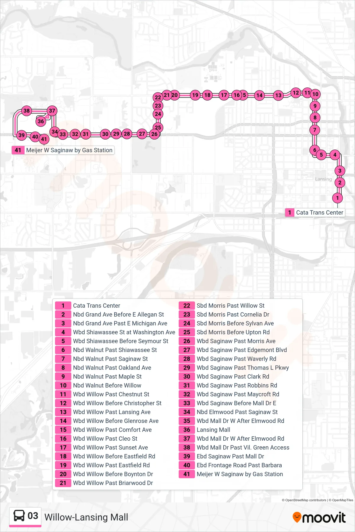 03 bus Line (Willow - Lansing Mall) route and stops on a map
