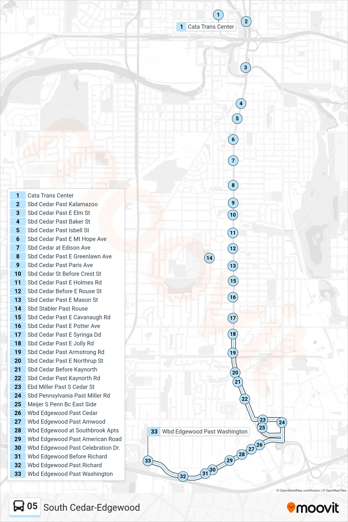 05 bus Line (South Cedar - Edgewood) route and stops on a map