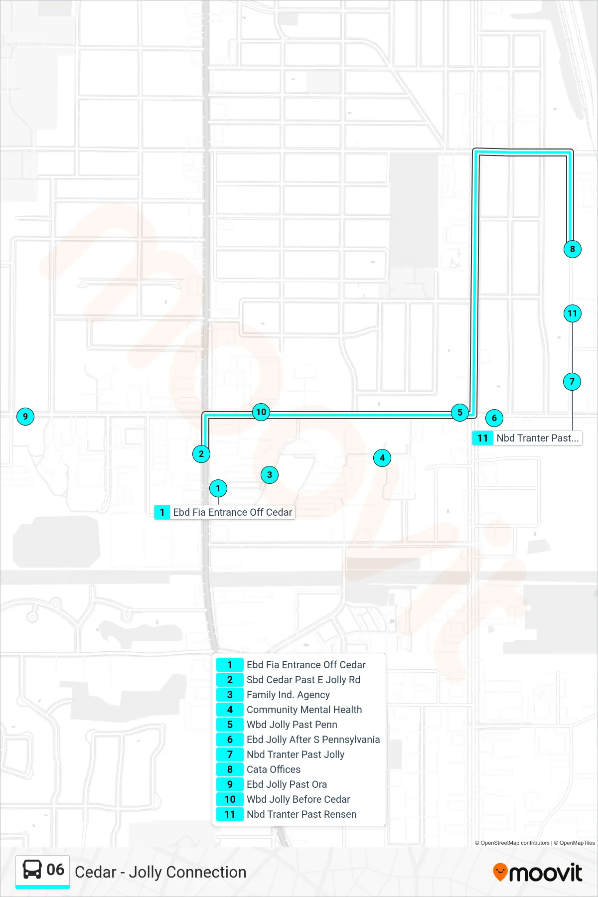 06 bus Line (Jolly/Cedar Connector) route and stops on a map