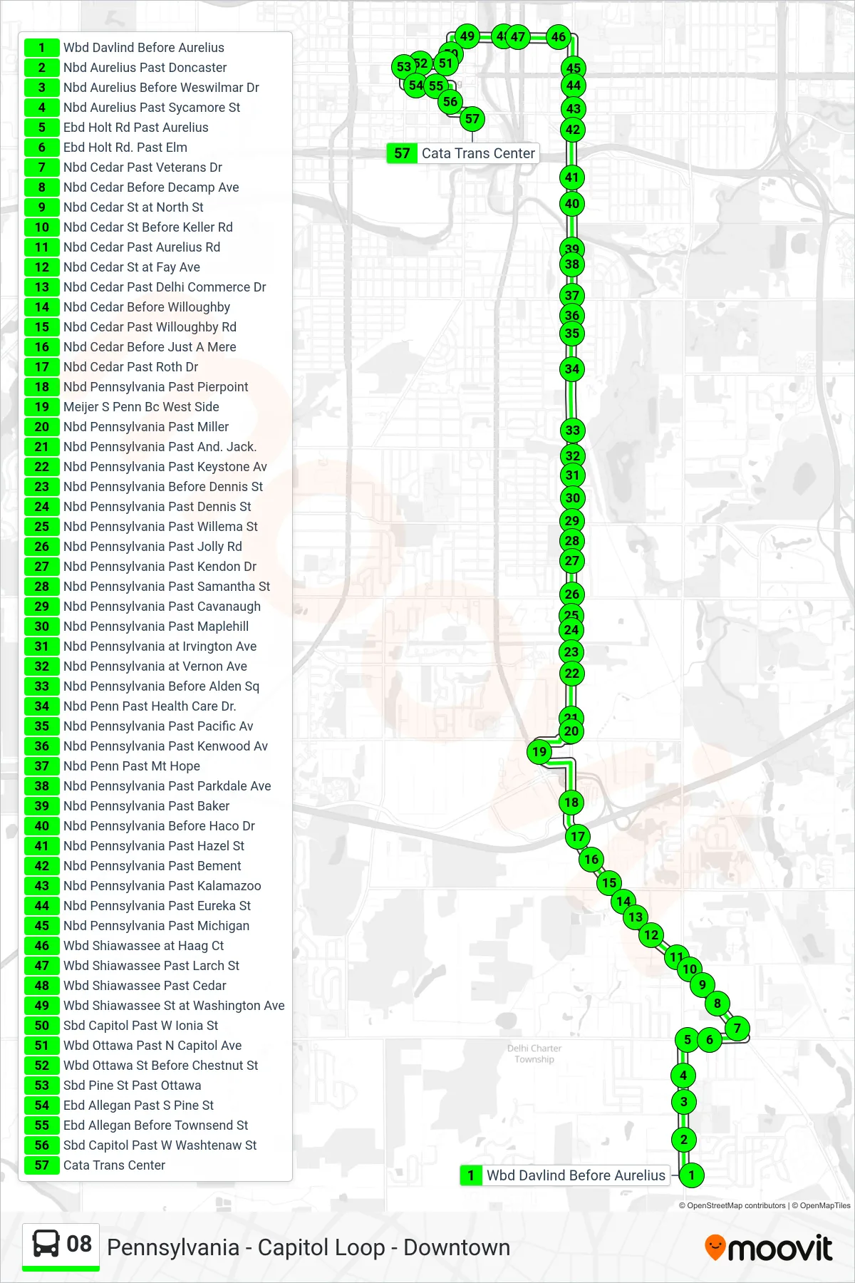 08 bus Line (Pennsylvania - Capitol Loop - Downtown) route and stops on a map