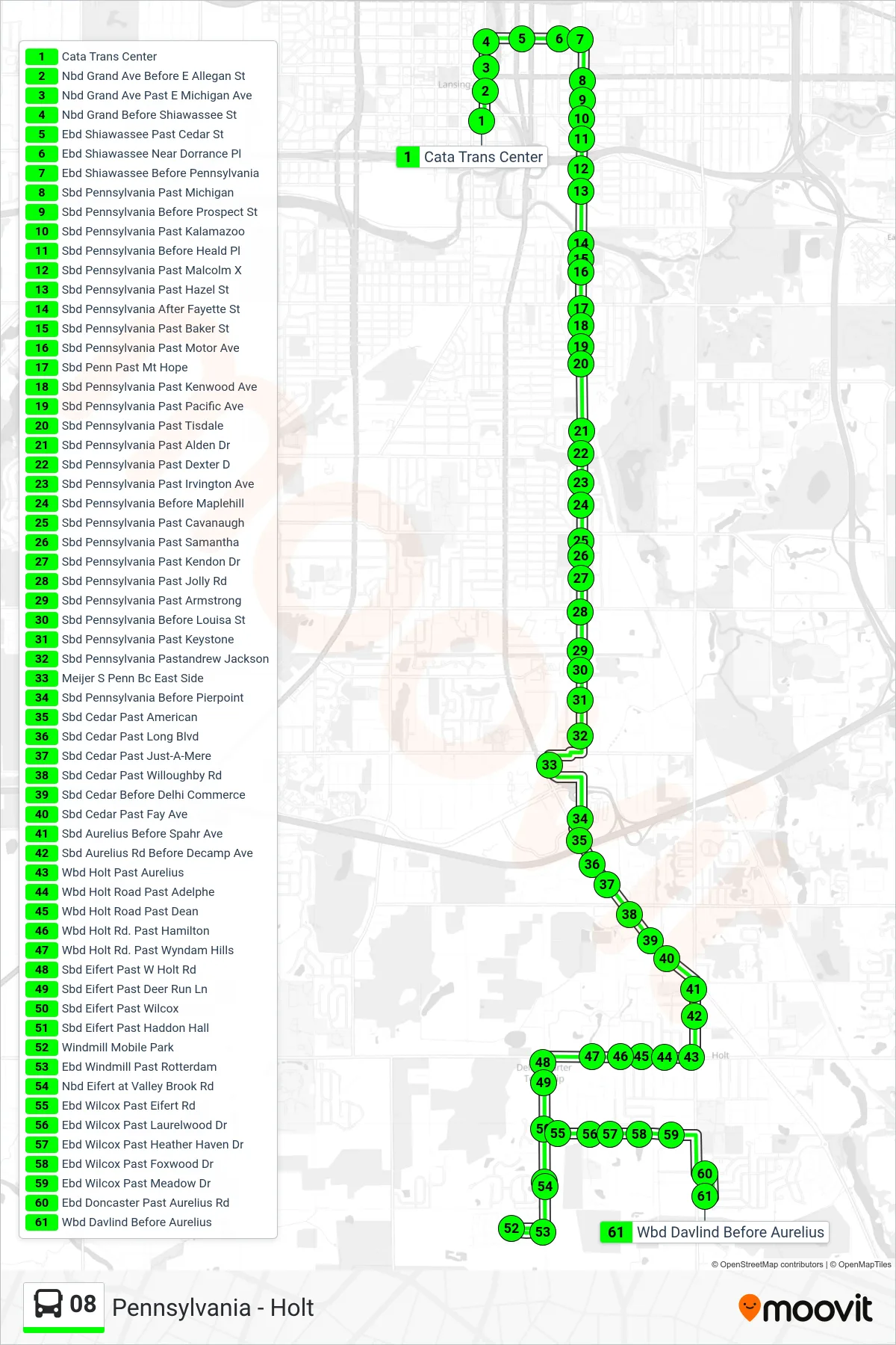 08 bus Line (Pennsylvania - Holt) route and stops on a map