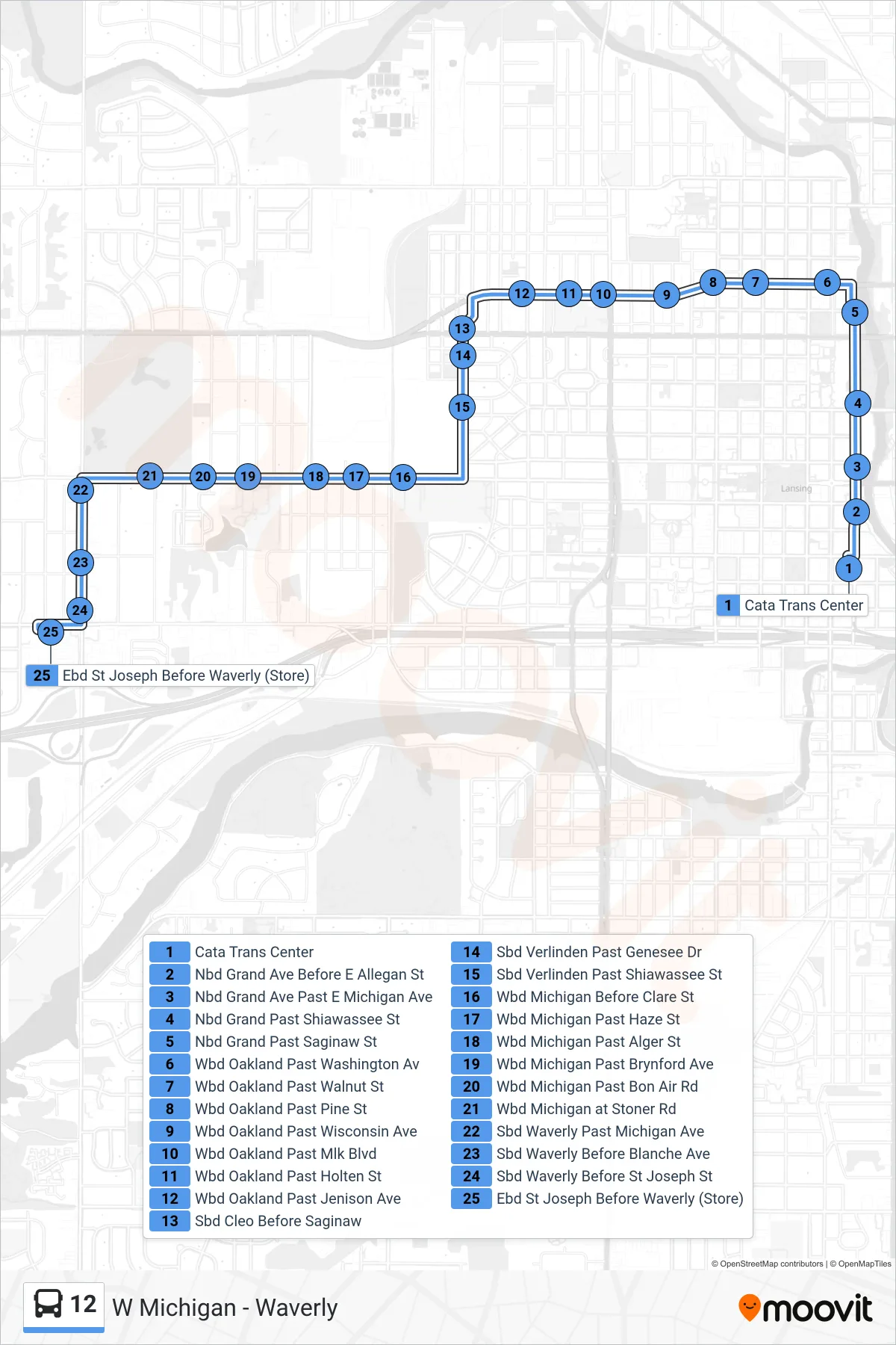 12 bus Line (W Michigan - Waverly) route and stops on a map