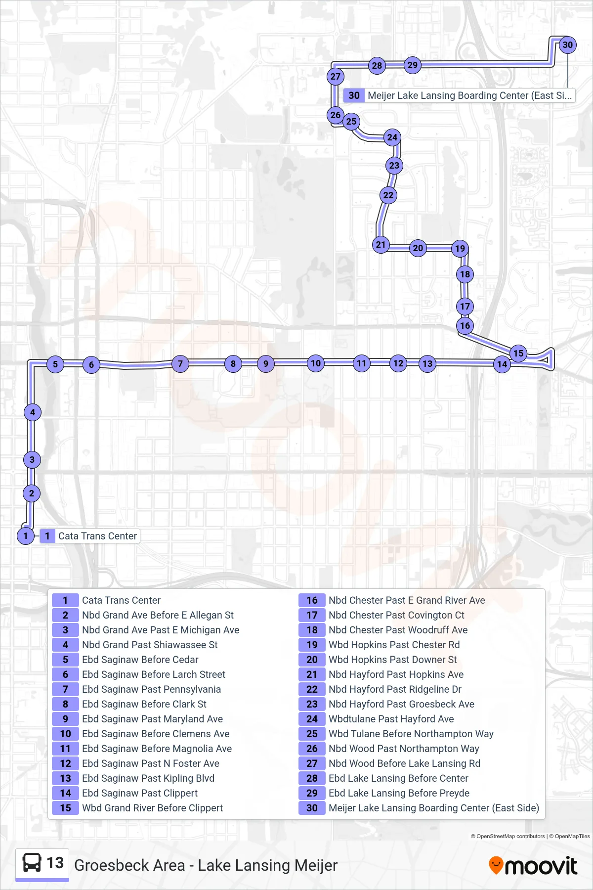 13 bus Line (Groesbeck Area - Lake Lansing Meijer) route and stops on a map