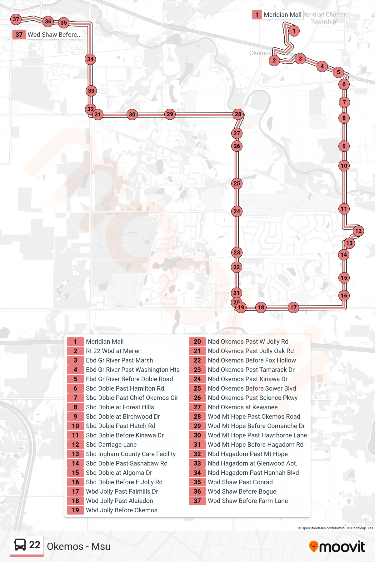 22 bus Line (Okemos - Msu) route and stops on a map