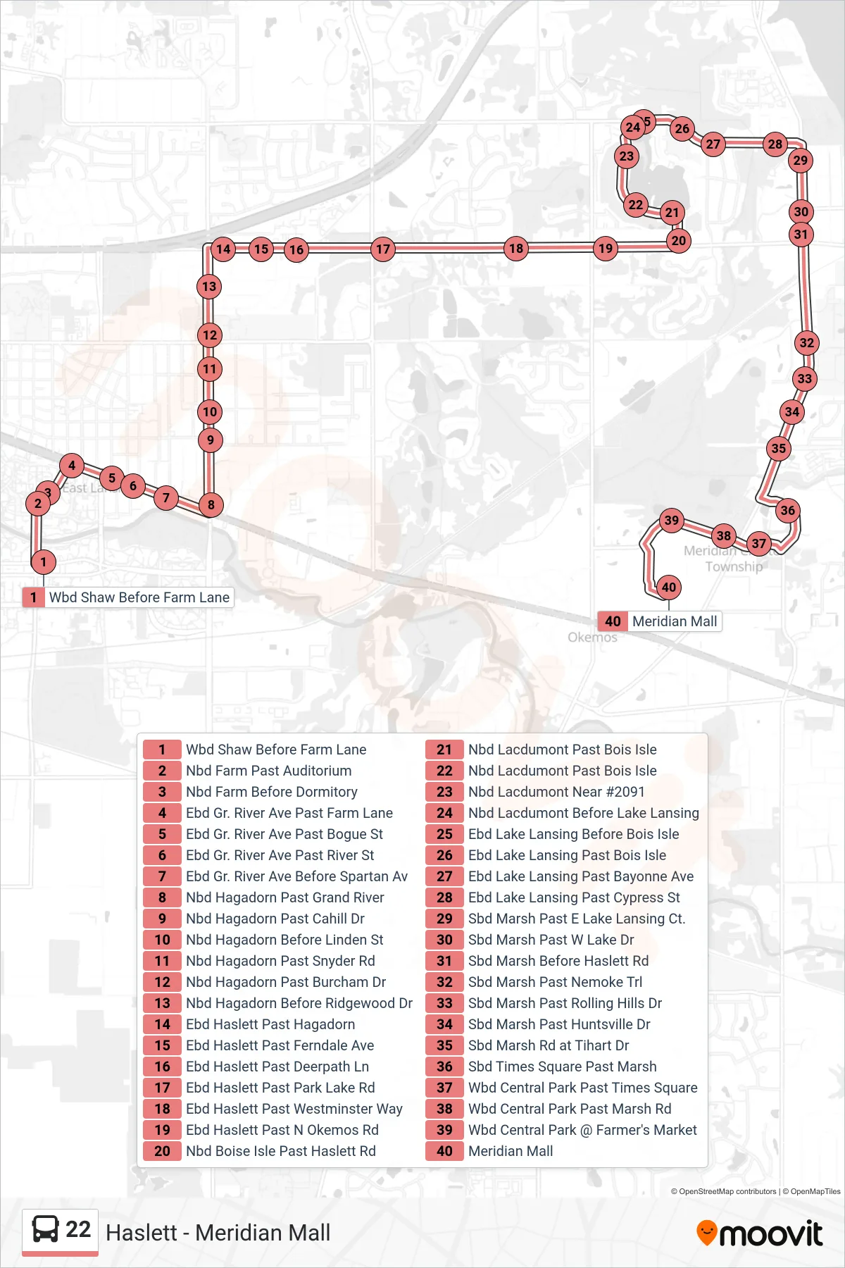 22 bus Line (Haslett - Meridian Mall) route and stops on a map