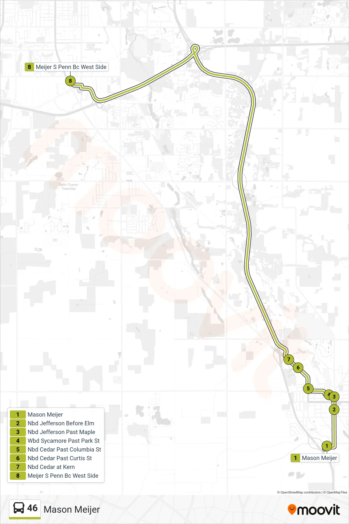 46 bus Line (Mason Meijer) route and stops on a map