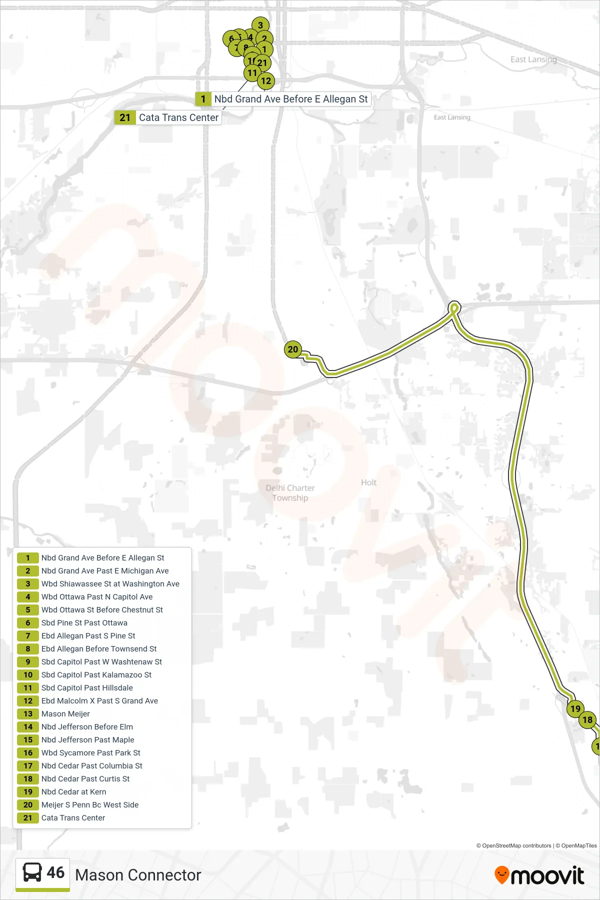 46 bus Line (Mason Connector) route and stops on a map