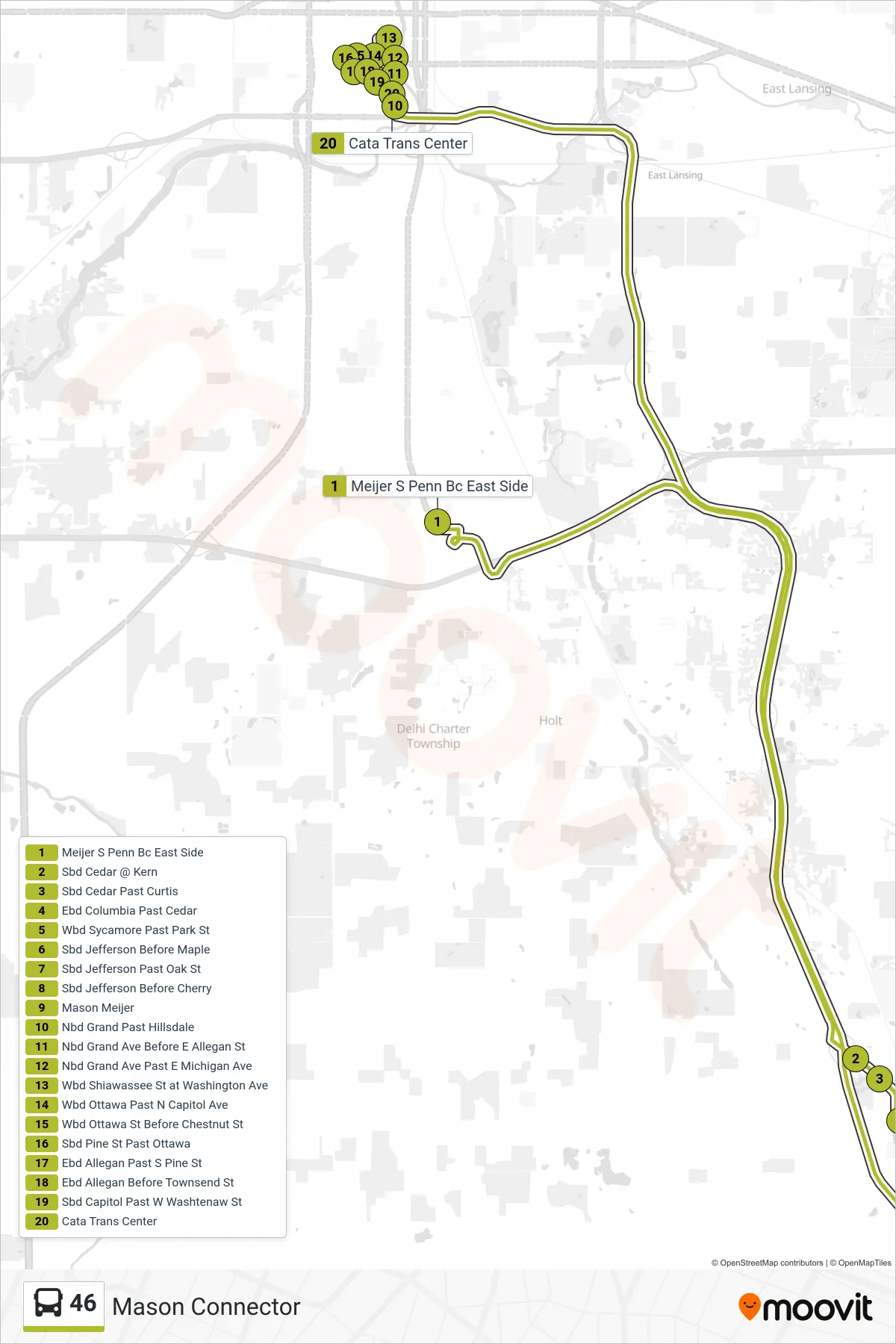 46 bus Line (Mason Connector) route and stops on a map