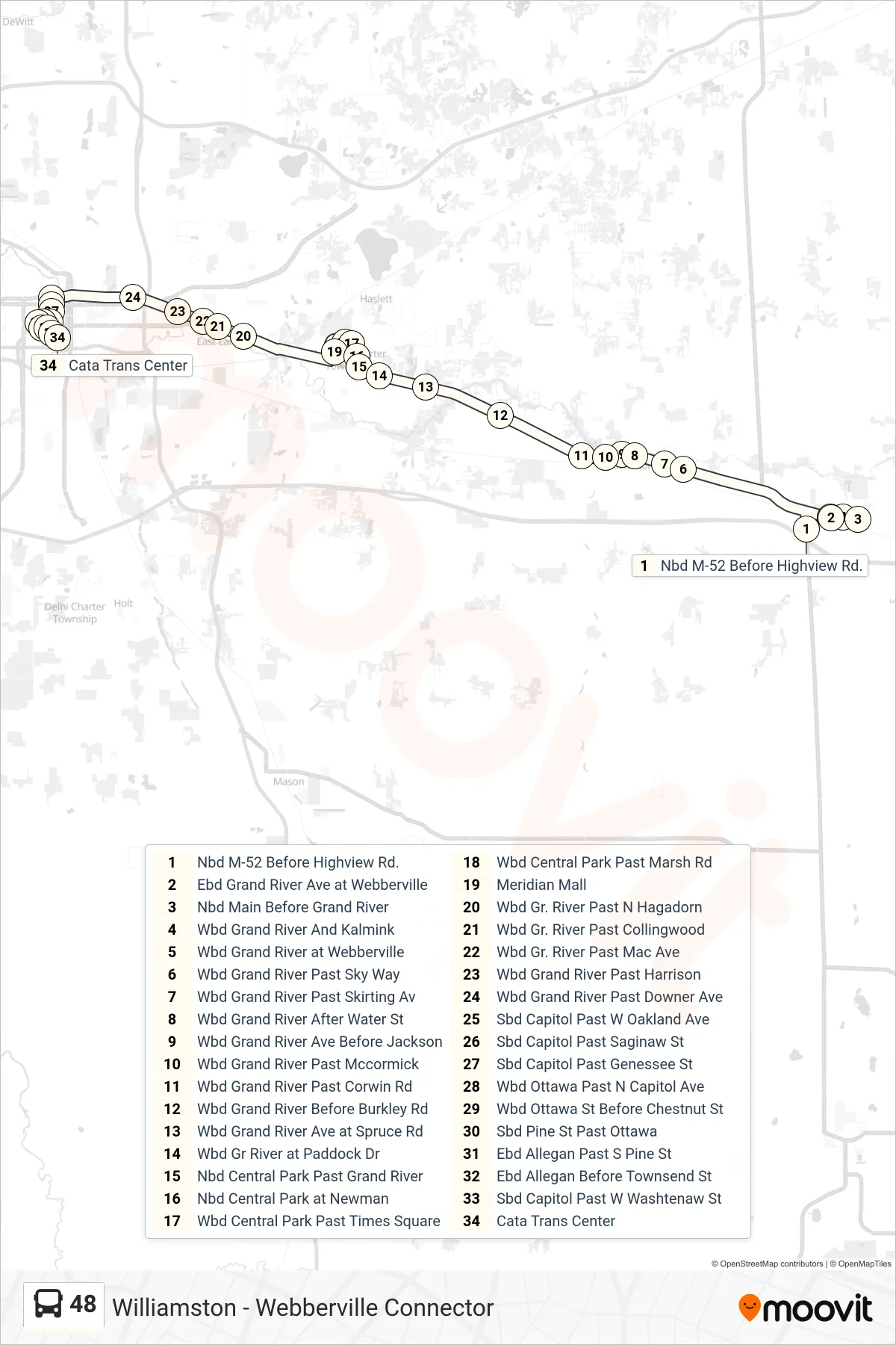 48 bus Line (Williamston - Webberville Connector) route and stops on a map