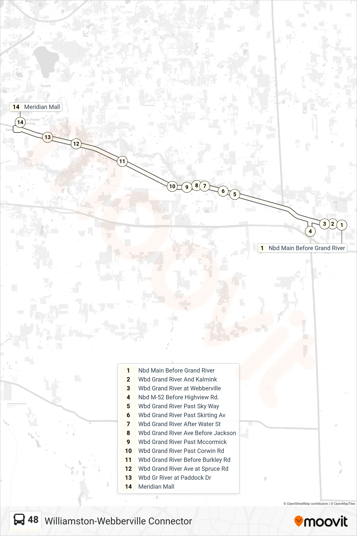48 bus Line (Williamston-Webberville Connector) route and stops on a map