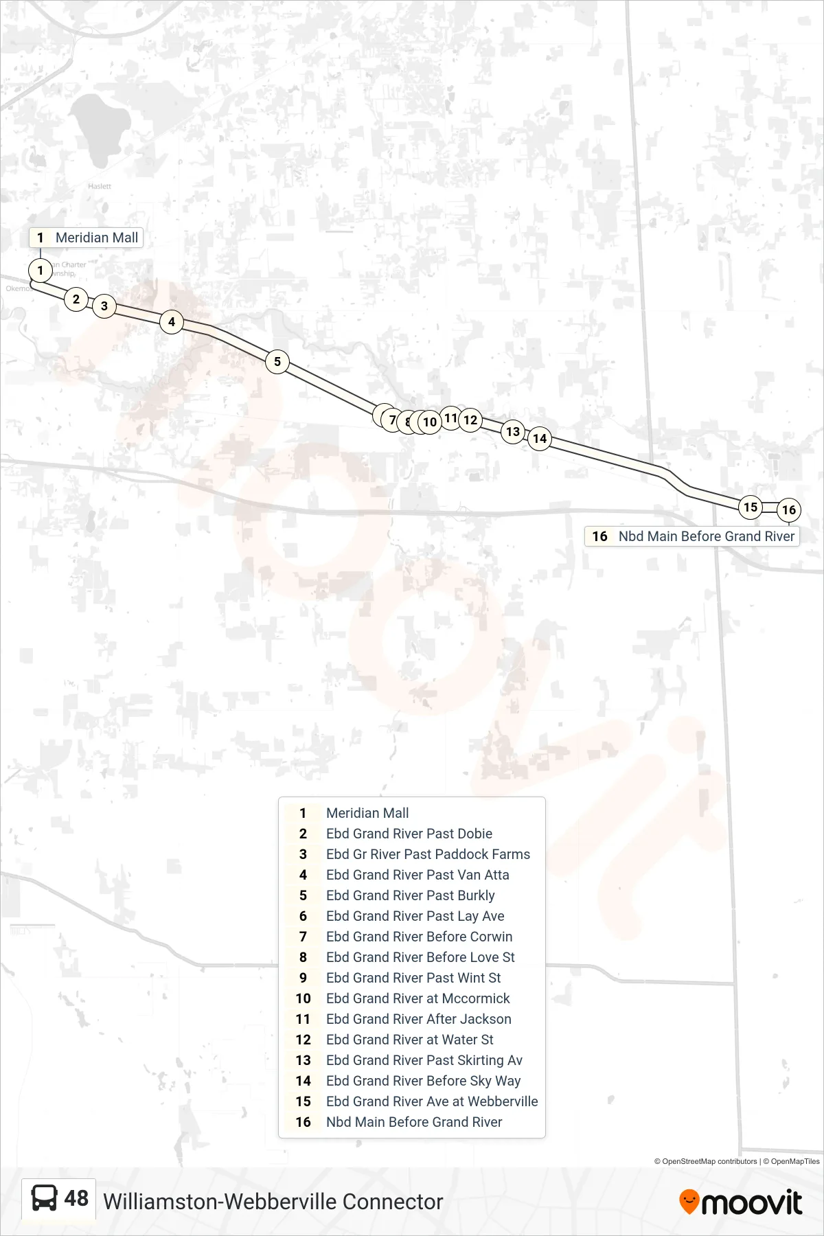 48 bus Line (Williamston-Webberville Connector) route and stops on a map