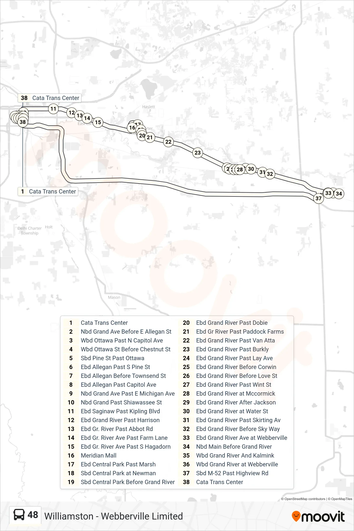 48 bus Line (Williamston - Webberville Limited) route and stops on a map