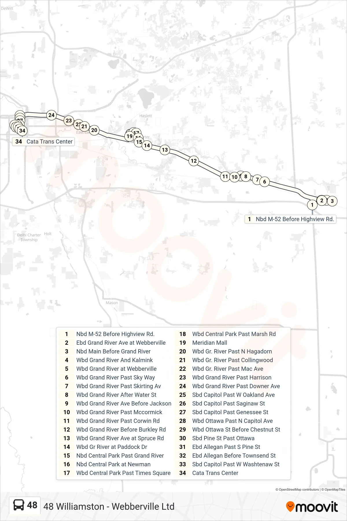 48 bus Line (48 Williamston - Webberville Ltd) route and stops on a map