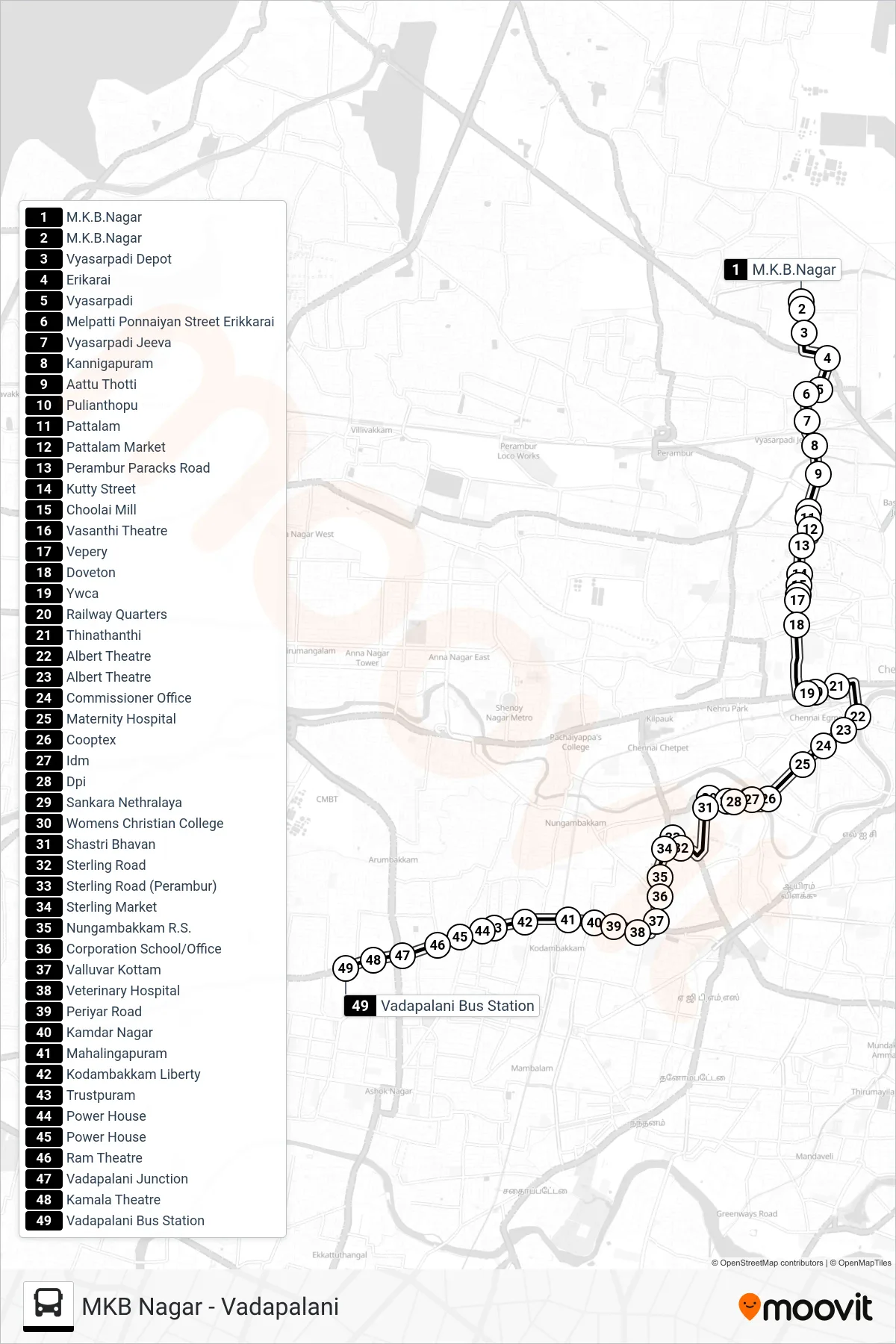 37ECT bus Line (Vadapalani) route and stops on a map