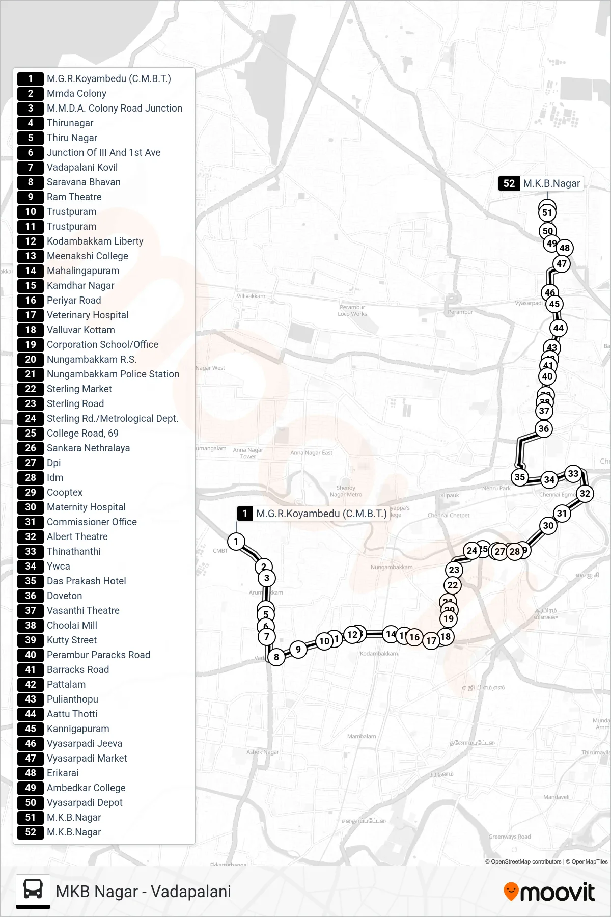 37ECT bus Line (M.K.B.Nagar) route and stops on a map