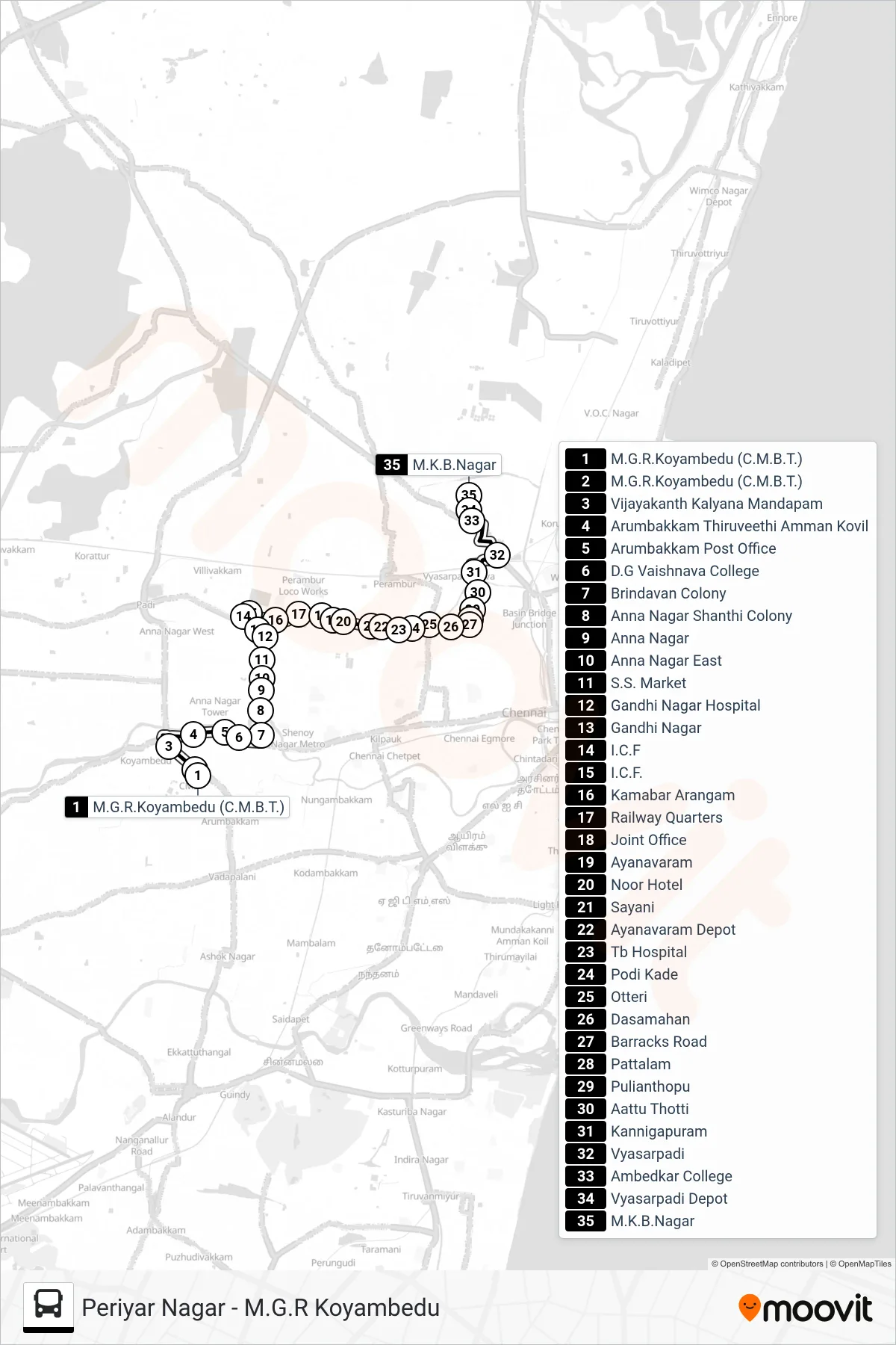 46ET bus Line (Periyar Nagar) route and stops on a map