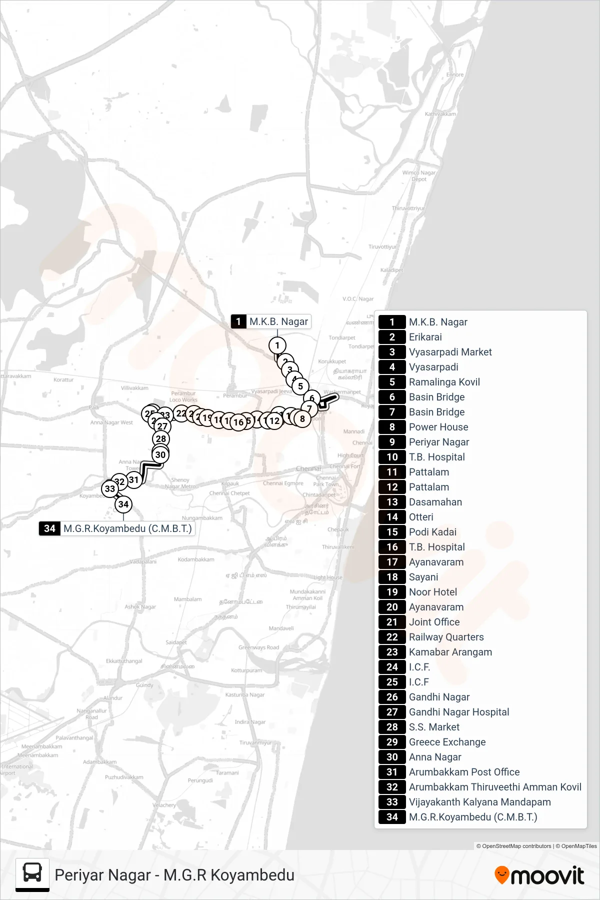 46ET bus Line (M.G.R.Koyambedu) route and stops on a map