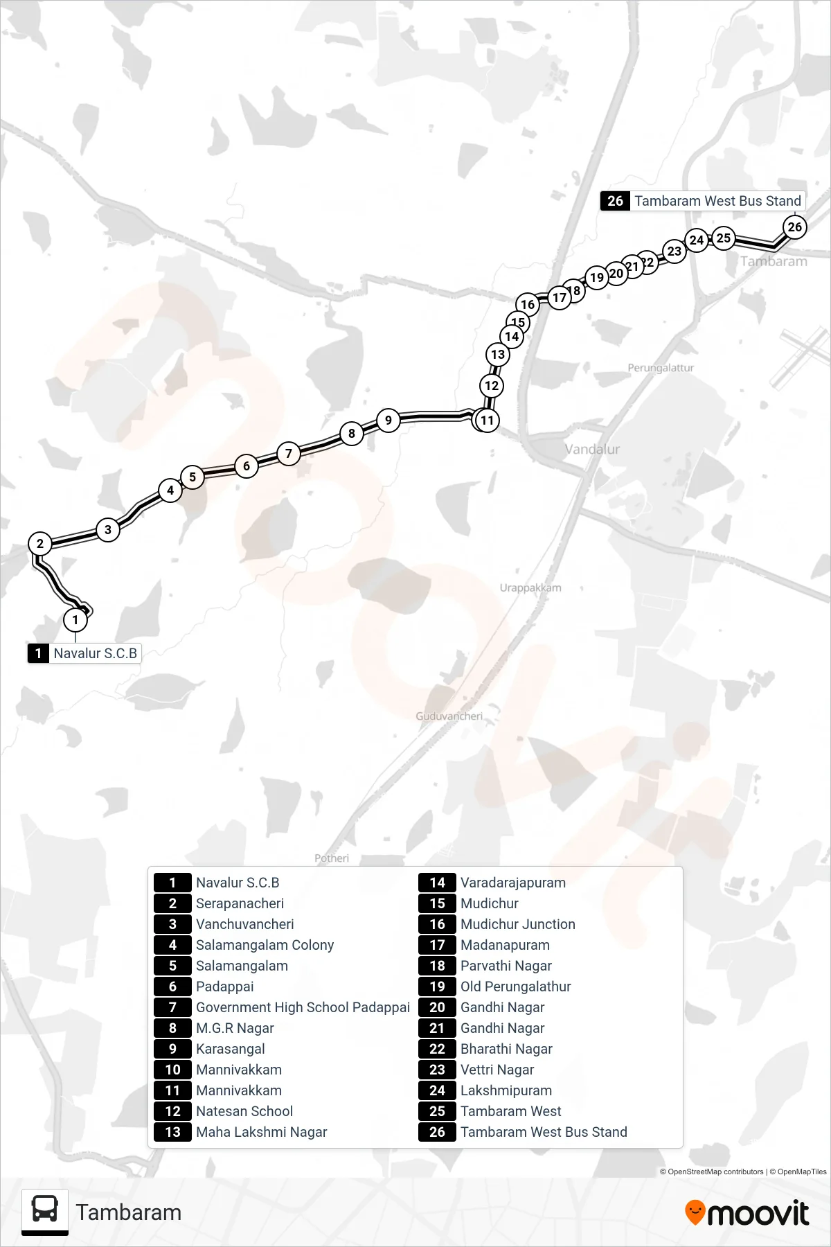 79A bus Line (Tambaram) route and stops on a map